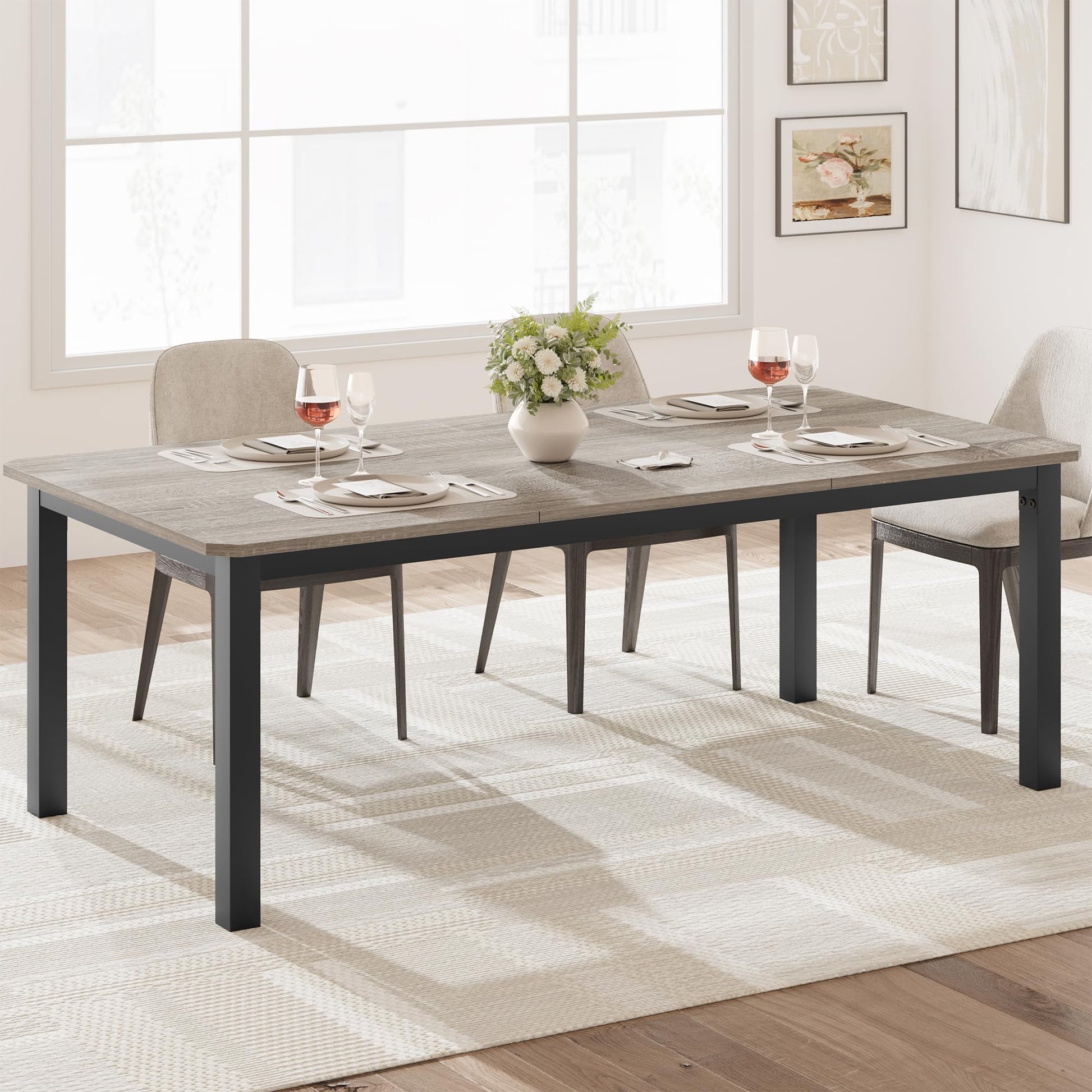 Tavolo da Pranzo Garvee Lungo 199.4 cm per 6-8 Persone Stile Industriale, Design Smussato, MDF e Metallo, Larghezza 10 cm, Marrone