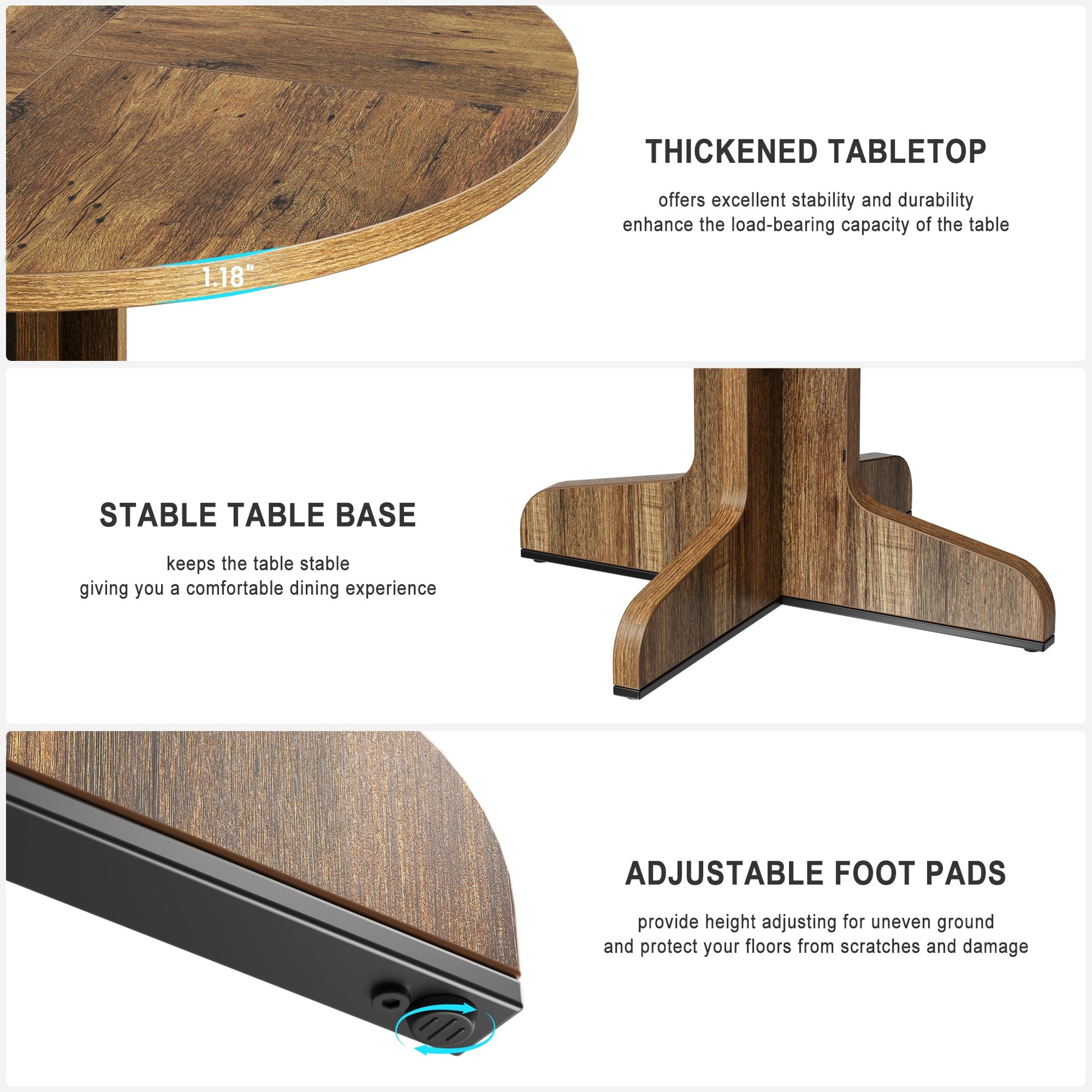 Tavolo da pranzo rotondo Garvee da 47" per 4 persone con robusta struttura in metallo e piano in MDF, design rustico per cucina e soggiorno, marrone