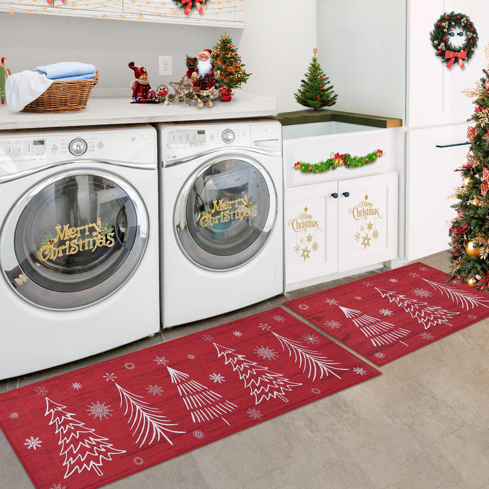 Set di tappeti da cucina Garvee antiscivolo, 2 pezzi, 40x60 cm + 40x120 cm, rosso e verde