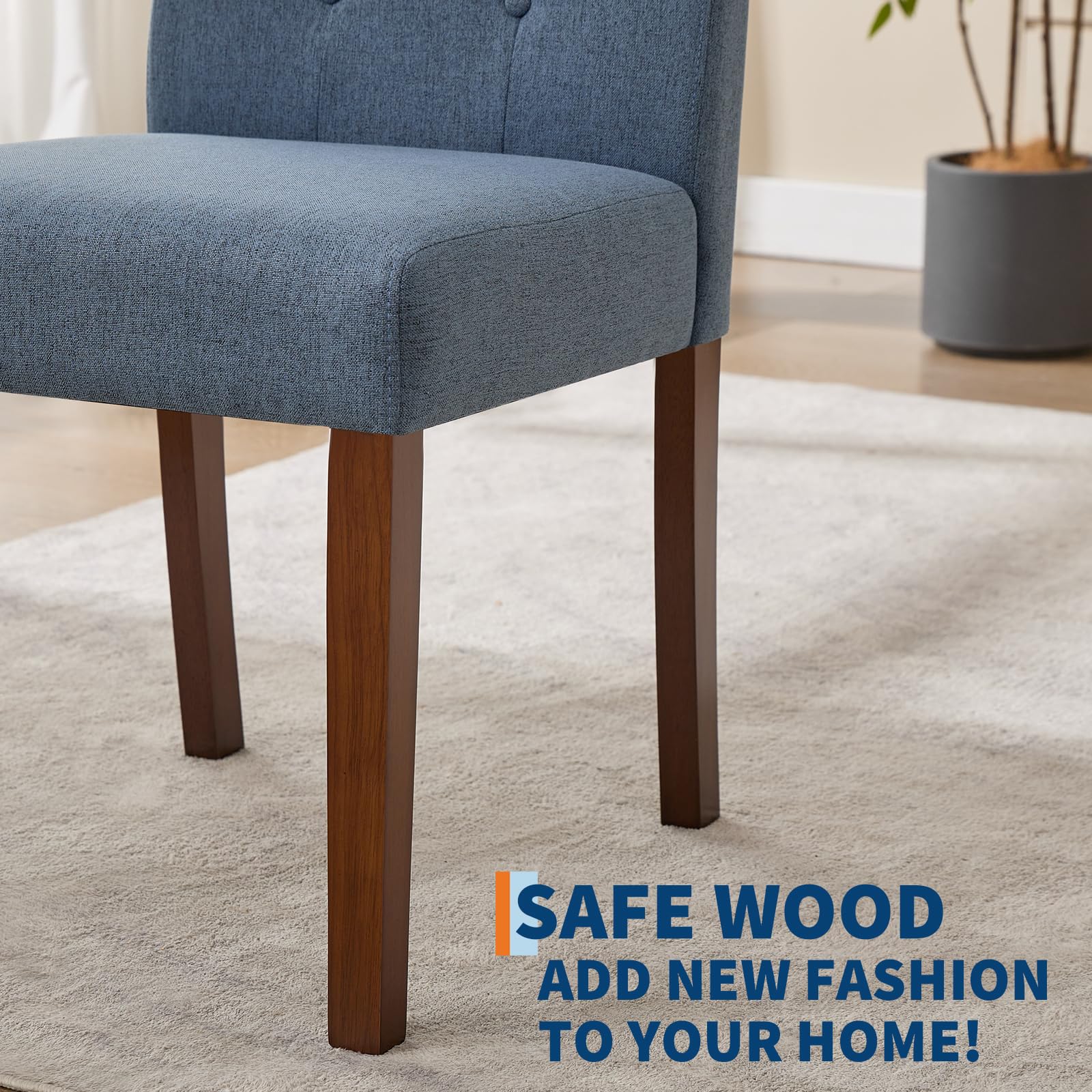 Sedie da pranzo Garvee Parsons, set di 2, imbottite, ergonomiche, in tessuto di lino, legno di caucciù, blu, per cucina e soggiorno