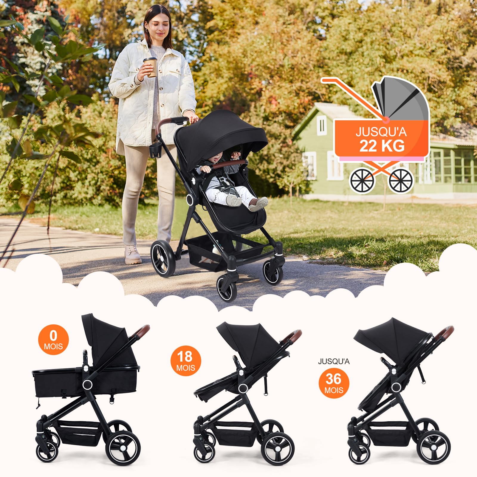 Garvee Cochecito Baby 2 en 1 Ultracompactta Ligero Reversible Aluminio Negro Para Recién Nacido Hasta 3 Años Paseos Urbanos