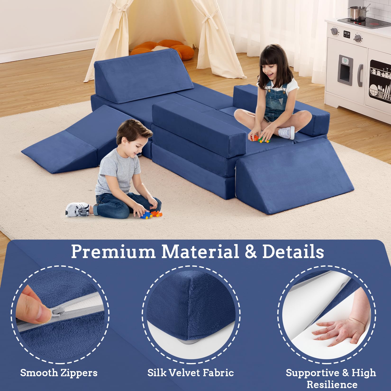 Divano modulare per bambini Garvee Nugget da 12 pezzi, versatile, blu navy, per sala giochi, 47,3x23,6x12 pollici