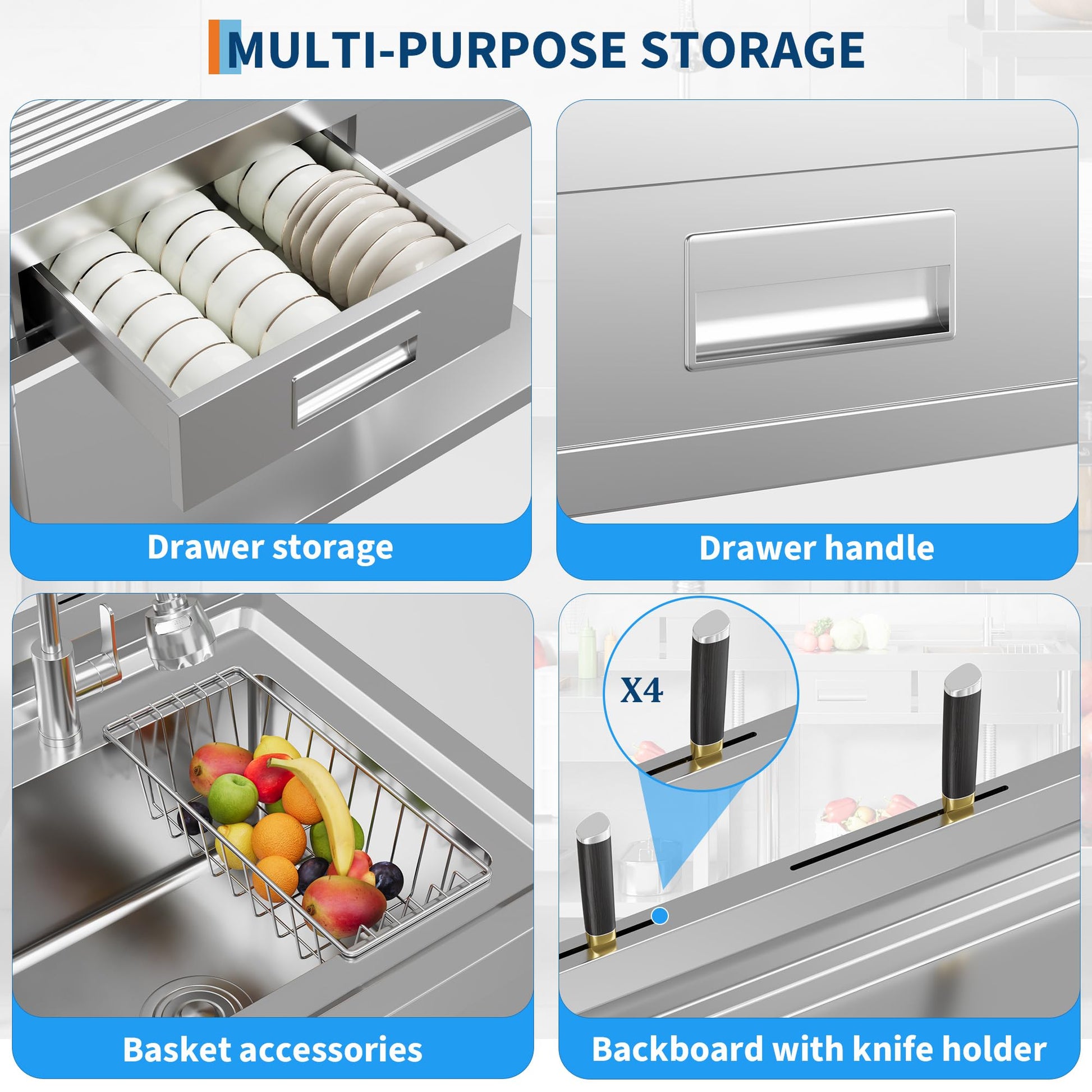 Lavabo Garvee in acciaio inox con rubinetto acqua calda/fredda, vasca singola, cassetto per lavanderia e garage, indipendente, argento