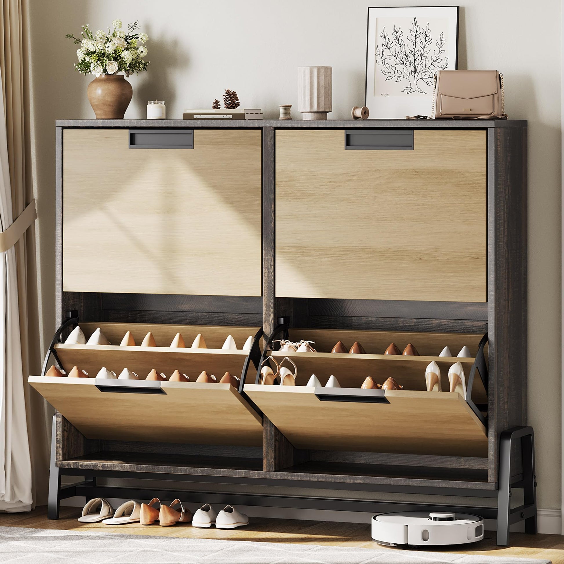 Scarpiera Garvee per corridoio con 4 scomparti a ribalta, gambe in metallo, regolabile, legno di quercia, stretta, indipendente, naturale