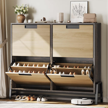 Scarpiera Garvee per corridoio con 4 scomparti a ribalta, gambe in metallo, regolabile, legno di quercia, stretta, indipendente, naturale