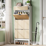Scarpiera Garvee con 3 scomparti a ribalta, design scanalato in stile rustico, gambe in metallo, rovere bianco, per corridoio e ingresso - bianco