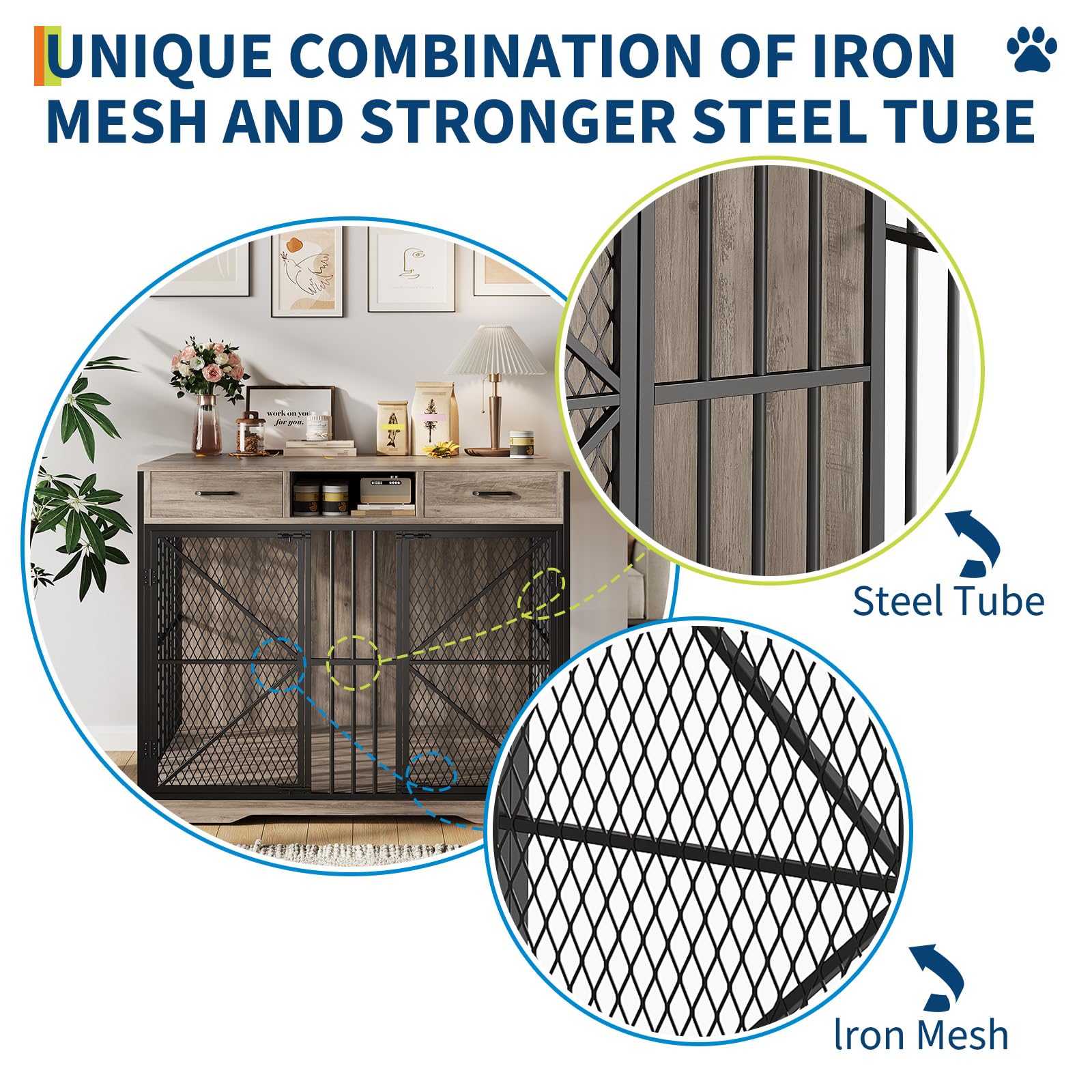 Garvee, cuccia per cani da 44 pollici con cassetti, doppie porte, in legno massello per cani di piccola e grande taglia, marrone e nero vintage, per interni