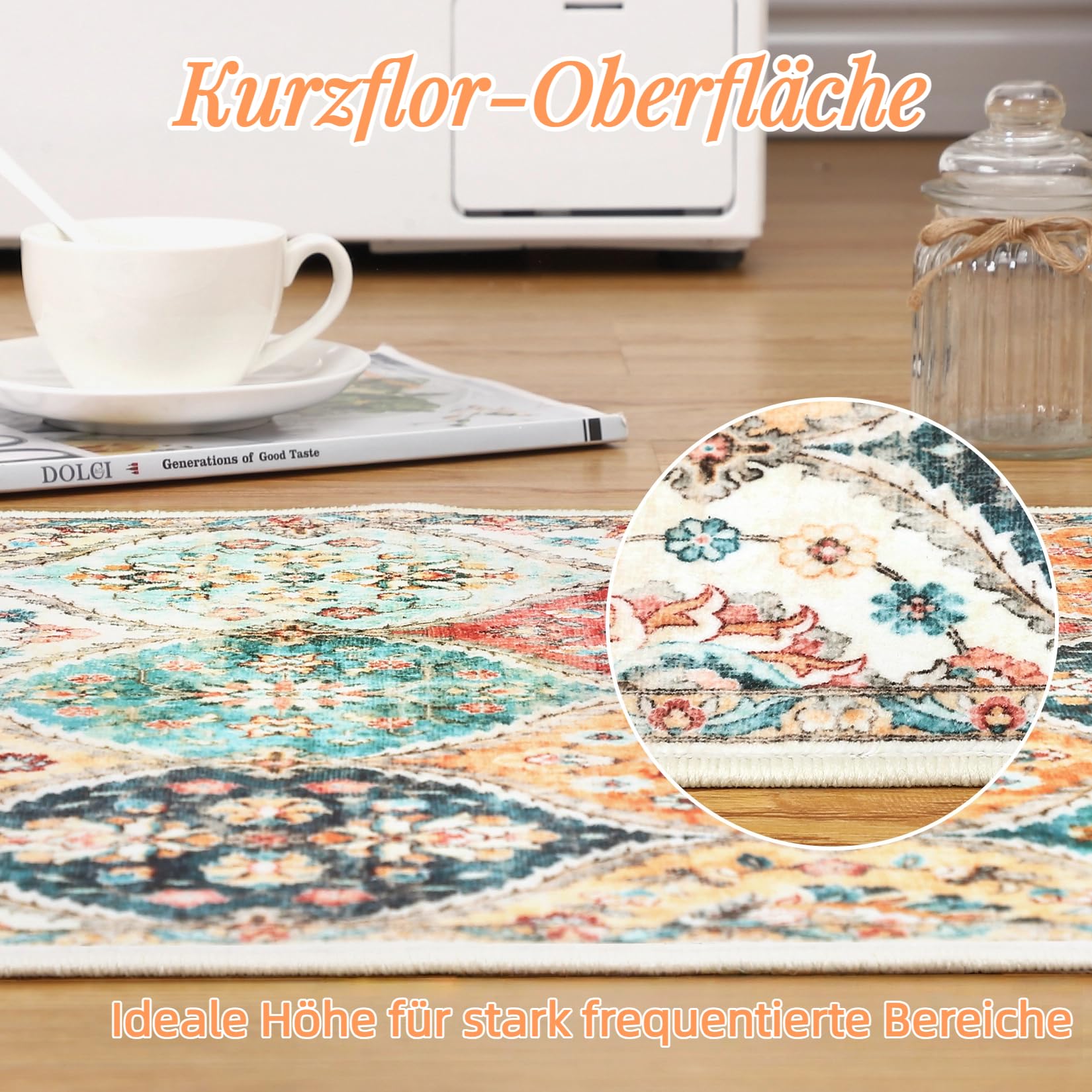 Tappeto da corridoio Garvee 200 x 290 cm, lavabile, motivo floreale vintage, per camera da letto e cucina, antiscivolo
