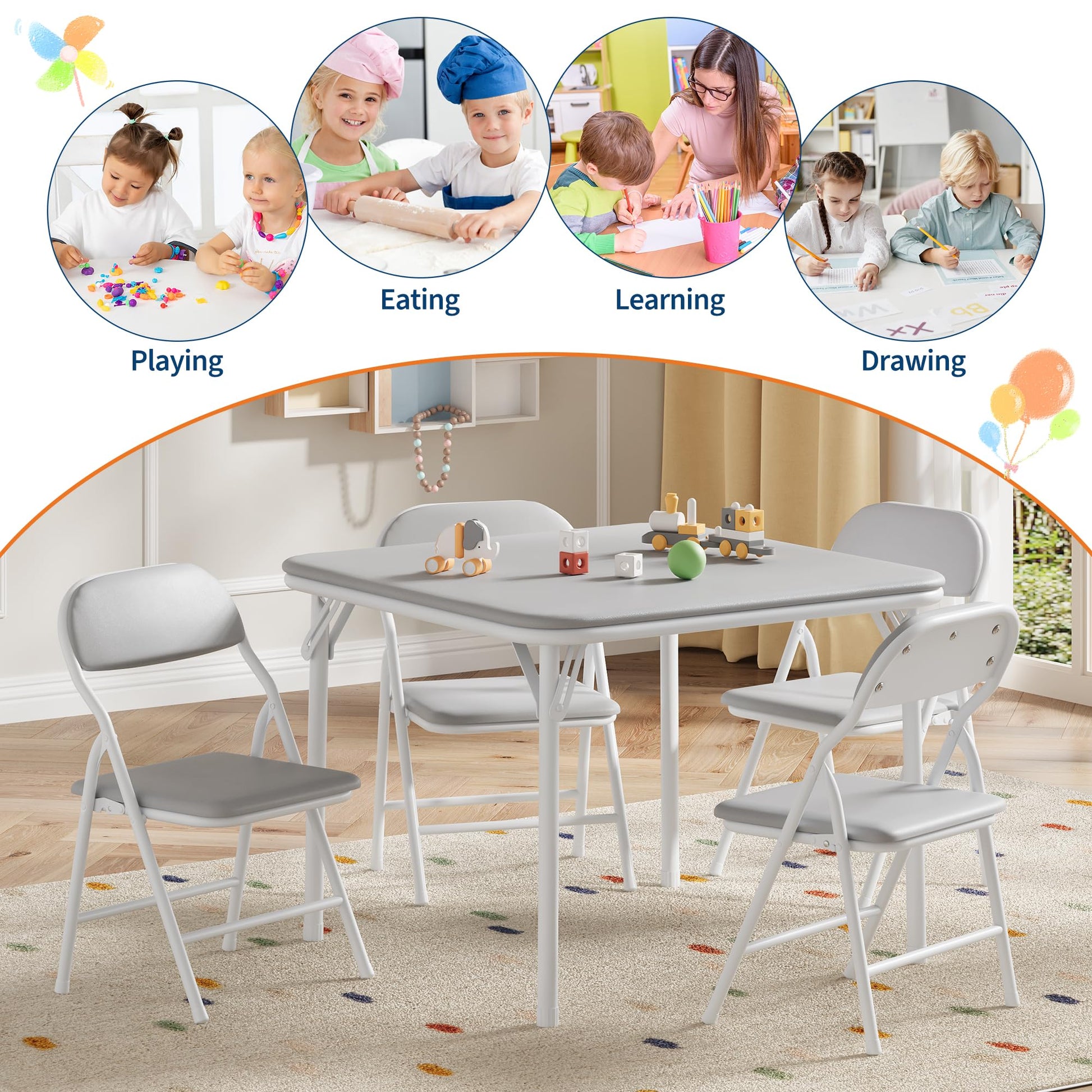 Garvee Set tavolo e sedie pieghevoli per bambini, 3 pezzi, pieghevole, in similpelle, struttura in metallo, leggero, per sala giochi e campeggio, multicolore
