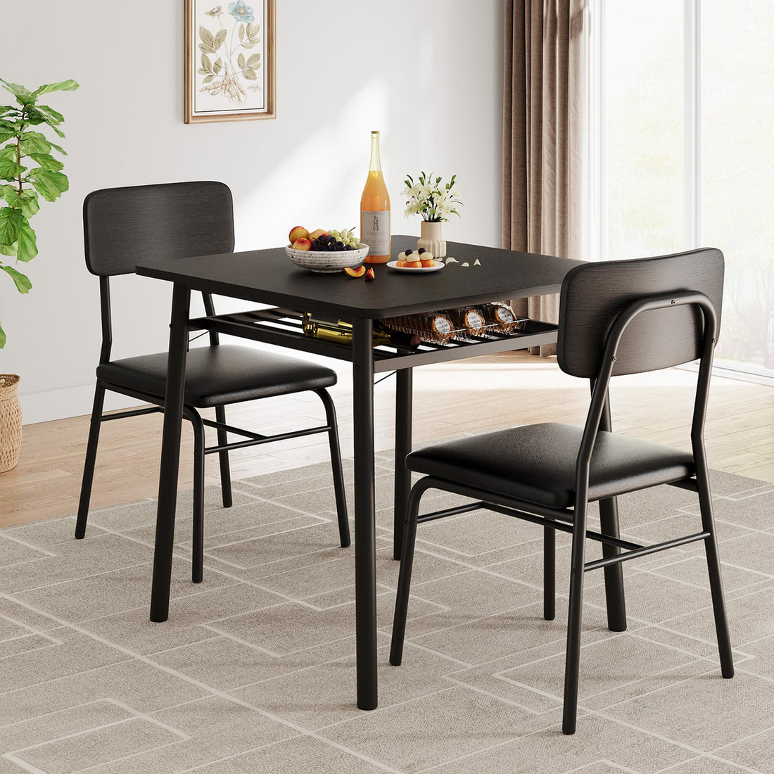 Set da pranzo Garvee per 2 persone con contenitore, struttura in metallo, sedie imbottite, piano in legno MDF, nero, salvaspazio per piccoli appartamenti