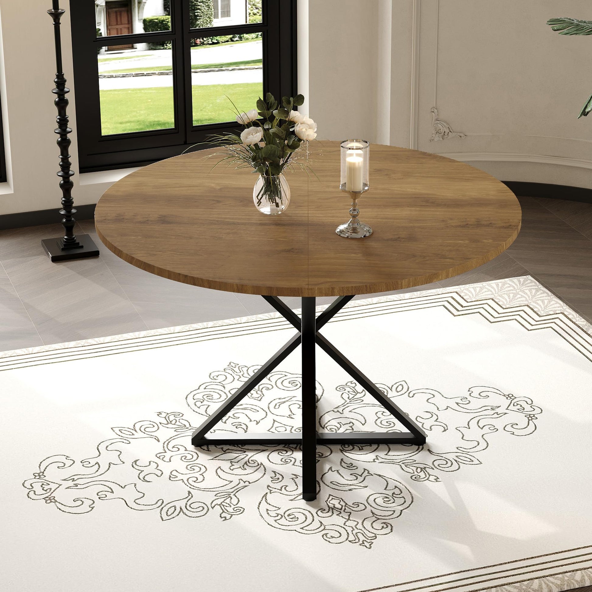Tavolo da pranzo rotondo Garvee da 119.38 cm con robusta base in metallo per cucina e sala da pranzo, per 4-6 persone, piano in MDF, antigraffio e impermeabile