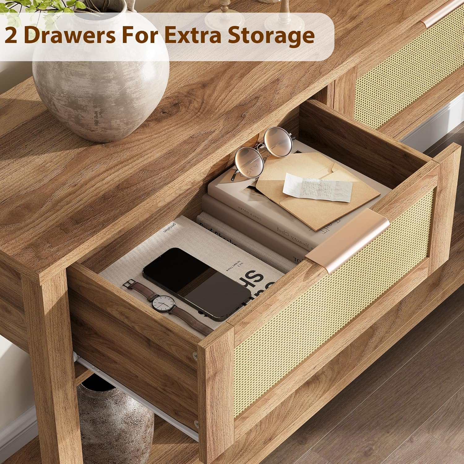 Tavolo consolle in rattan Garvee Farmhouse con 2 cassetti, anta scorrevole in rattan naturale, soggiorno e corridoio, 43"x12"x31", color legno