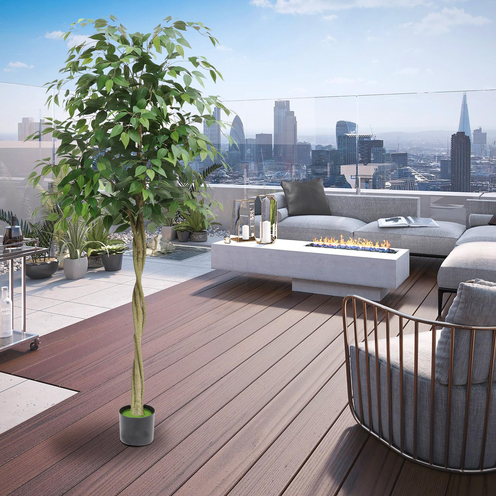 Albero di ficus artificiale Garvee da 7 piedi con tronco e foglie realistici, base in cemento, per uso interno ed esterno, verde