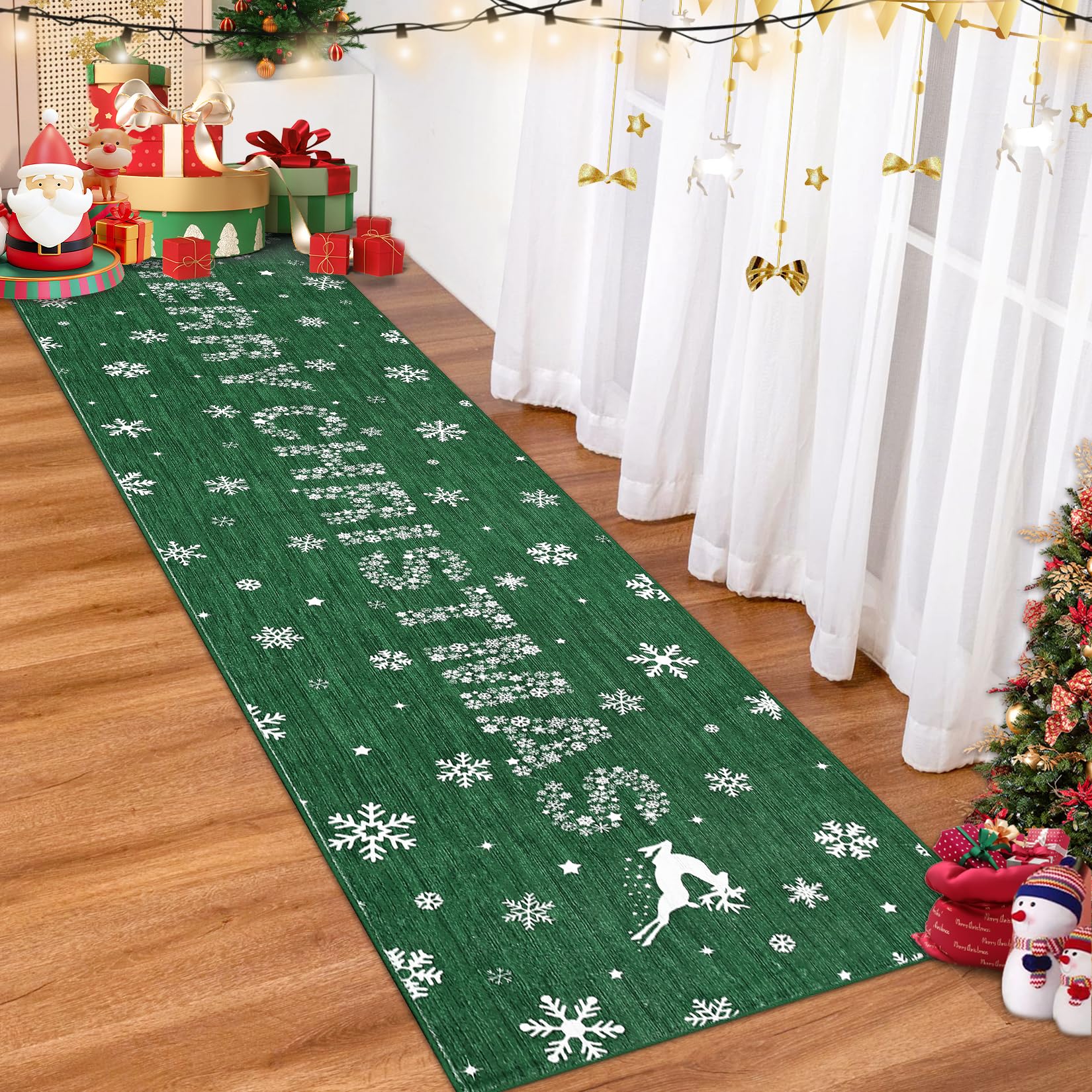Tappeto natalizio Garvee verde 60x180 cm con alce, albero di Natale e fiocco di neve per corridoio, soggiorno, cucina