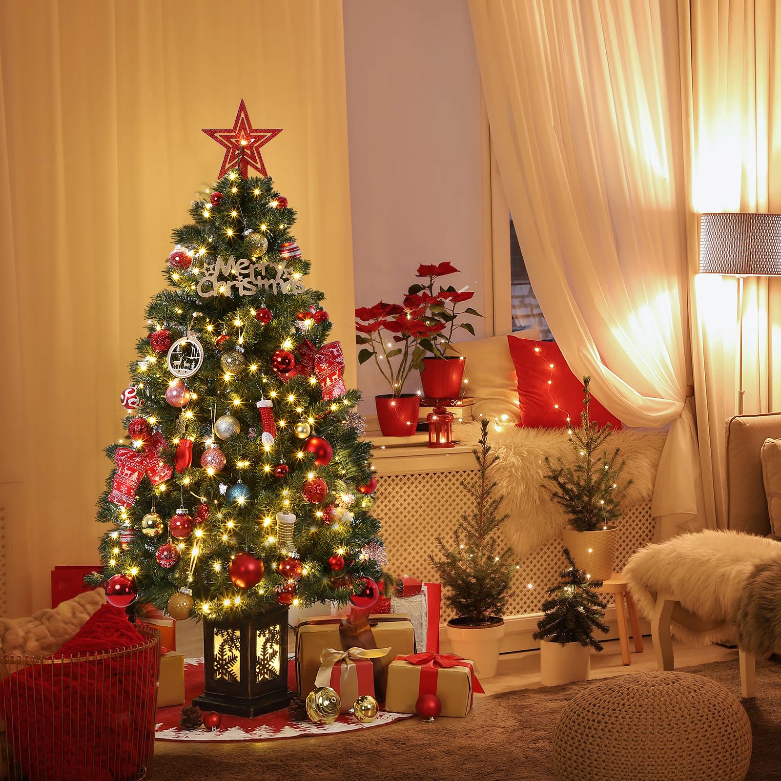 Albero di Natale vintage Garvee da 145 cm con struttura in metallo, 300 LED, 8 modalità, spina UE e design con scatola luminosa a forma di fiocco di neve