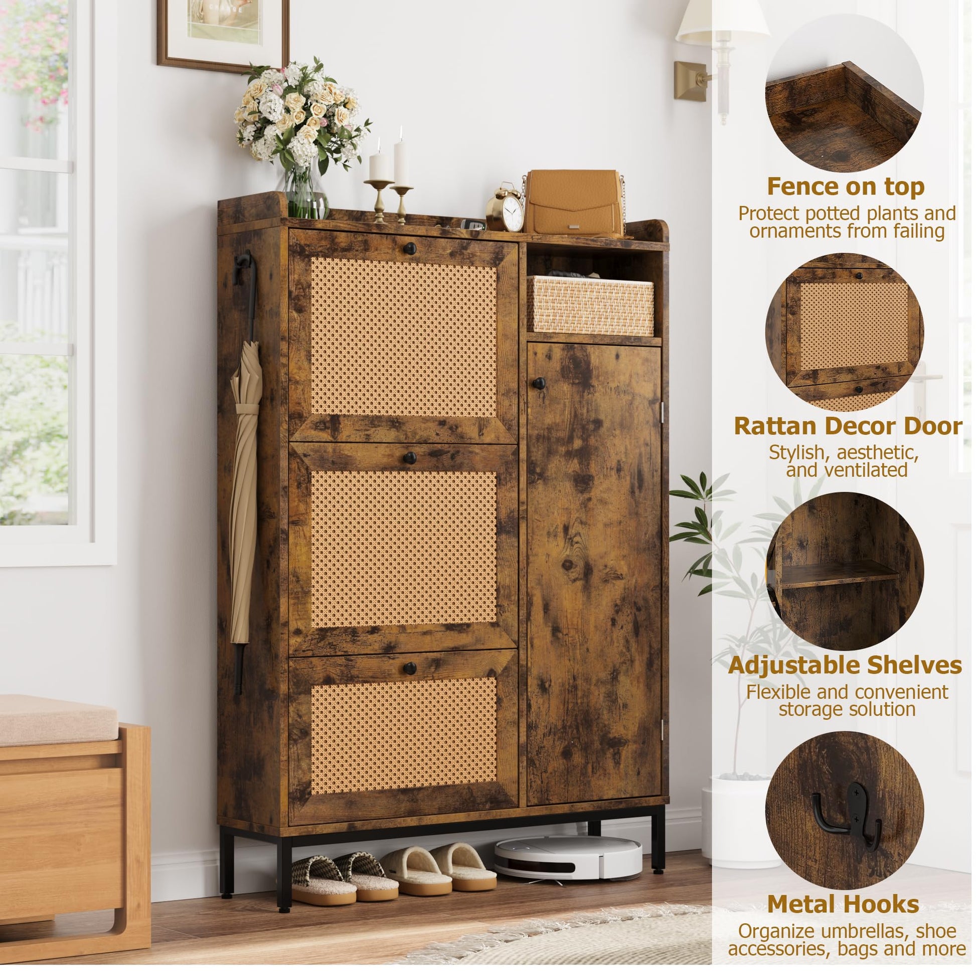 Scarpiera in rattan Garvee con 3 cassetti a scomparsa e 4 ripiani per corridoio e ingresso, MDF e metallo, ripiani regolabili, robusta, grande, colore naturale