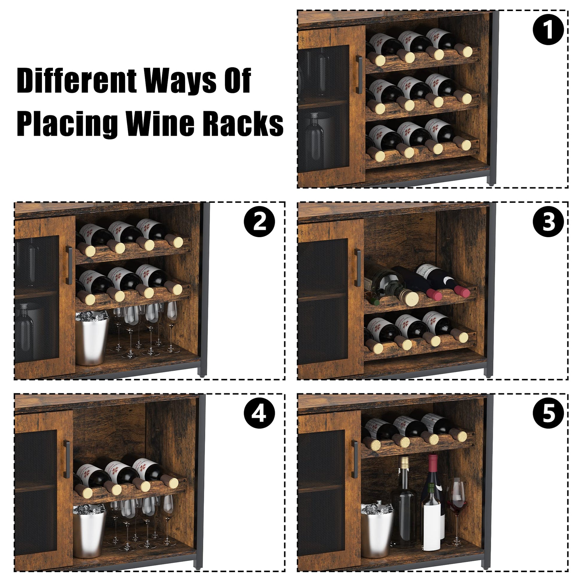 Mobile bar per vino Garvee con luce LED, ripiani regolabili, porta in rete per cucina e sala da pranzo, altezza 36,2", MDF e metallo, robusto, compatto