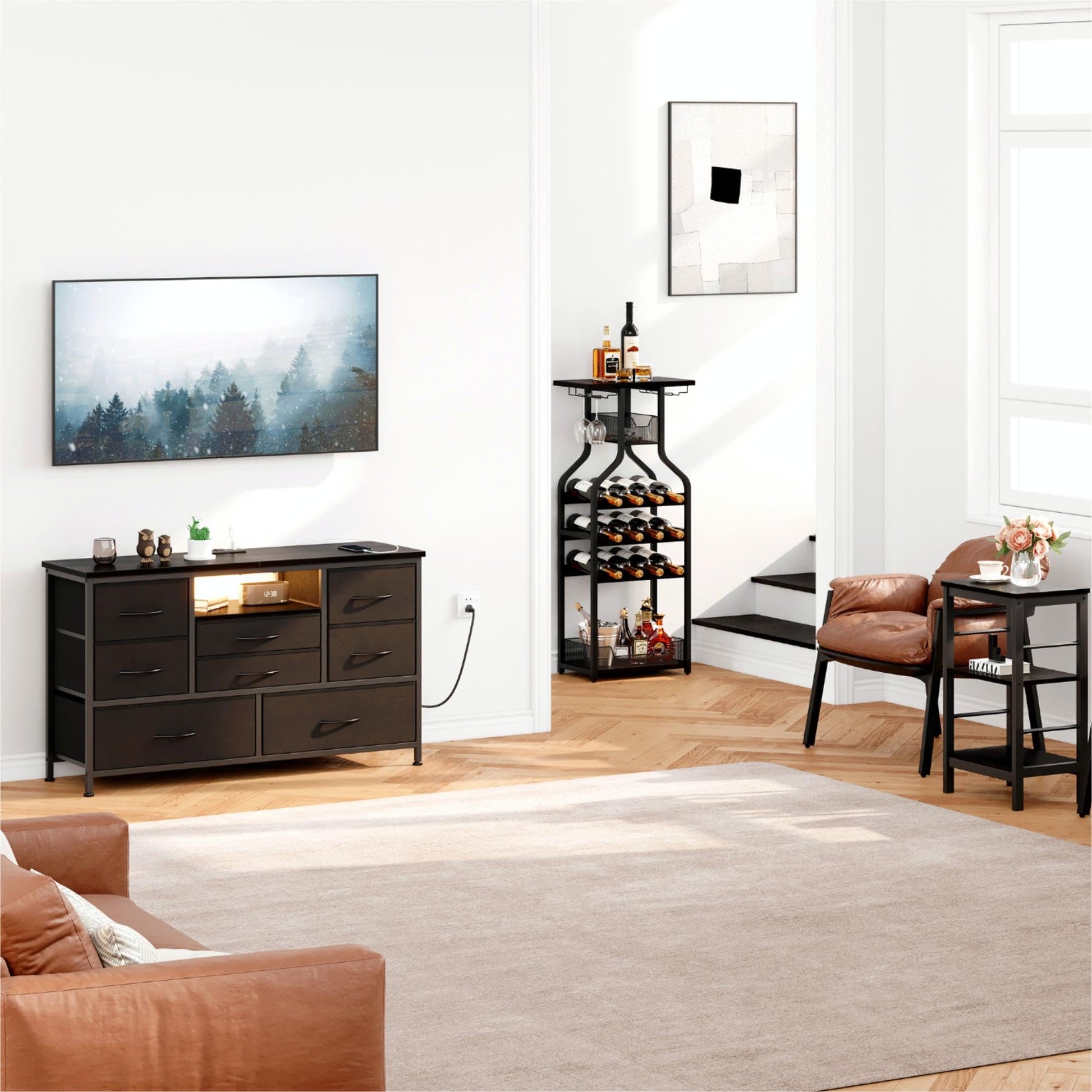 Mobile TV Garvee a 8 cassetti con illuminazione a LED e presa di corrente per soggiorno e camera da letto, in legno MDF, grande, leggero, gestione dei cavi