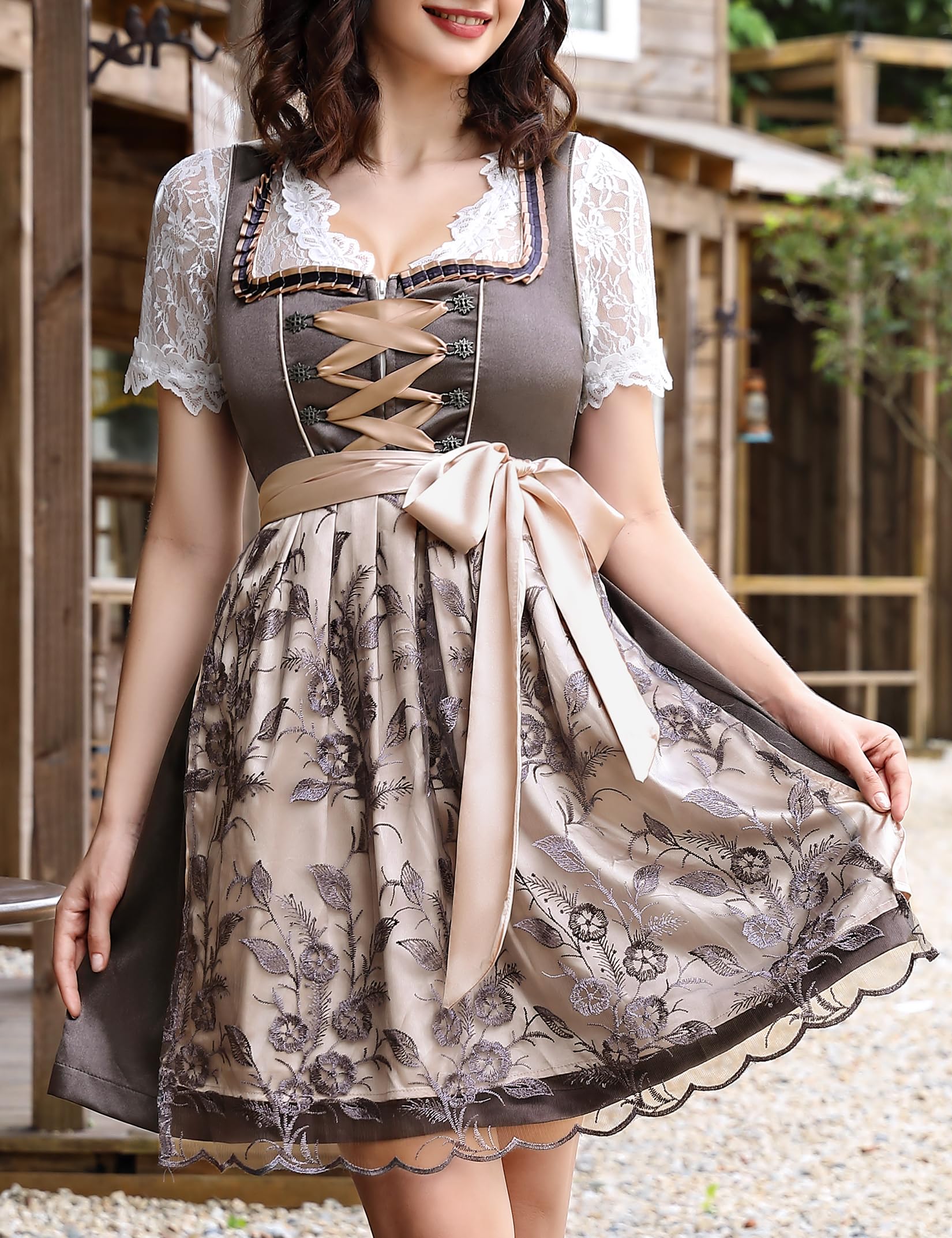 Garvee Dirndl Corto Da Donna In 3 Pezzi Tradizionale abito midi Oktoberfest con grembiule in pizzo grigio Taglia 34
