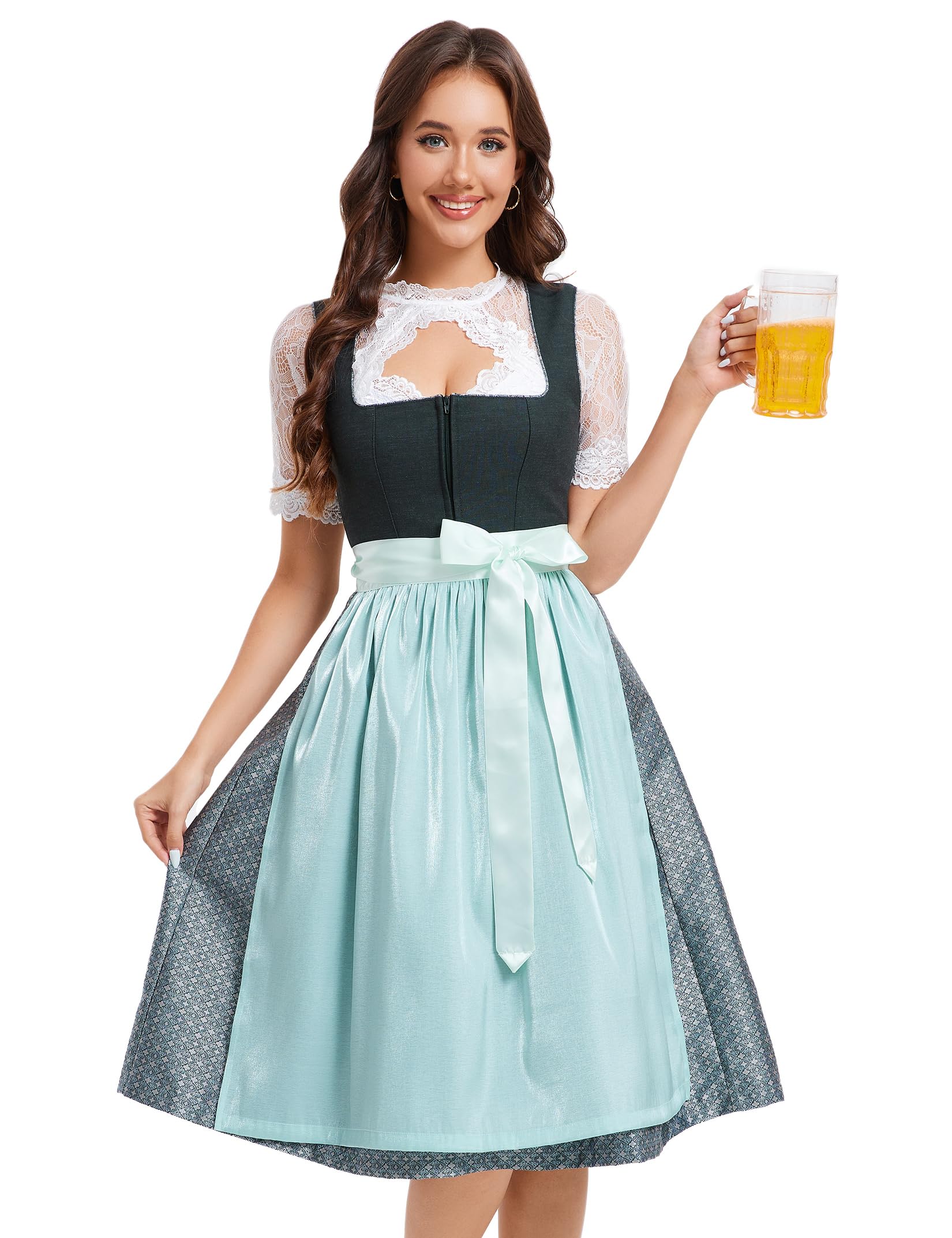 Garvee Dirndl - Abito tradizionale midi da donna, in jacquard, stile tradizionale, set da 3 pezzi per l'Oktoberfest, verde scuro, taglia 34