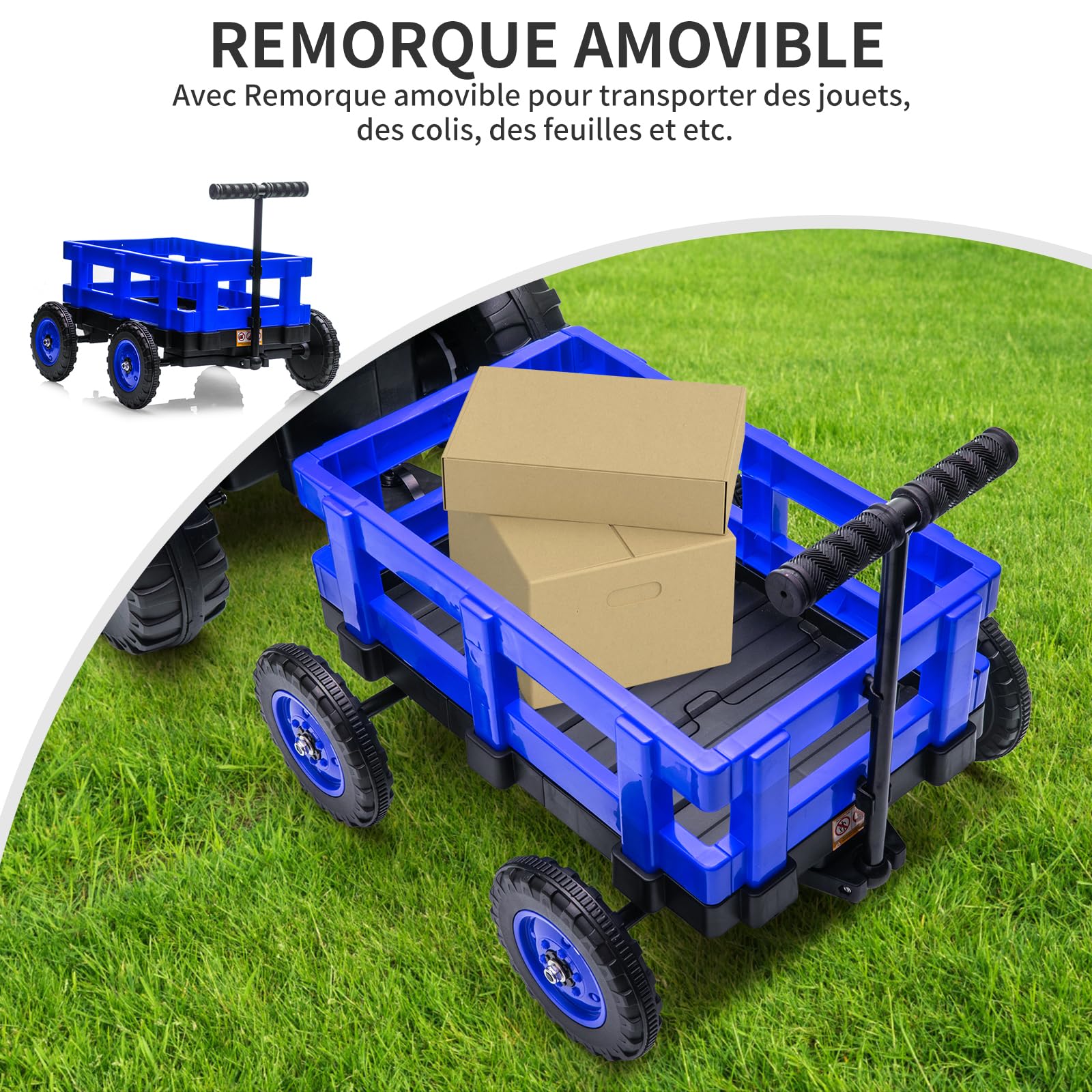 Trattore elettrico per bambini Garvee con rimorchio staccabile, 12 V, 6 pneumatici, telecomando, musica, doppio motore, fari a LED, blu, per giardino e cortile