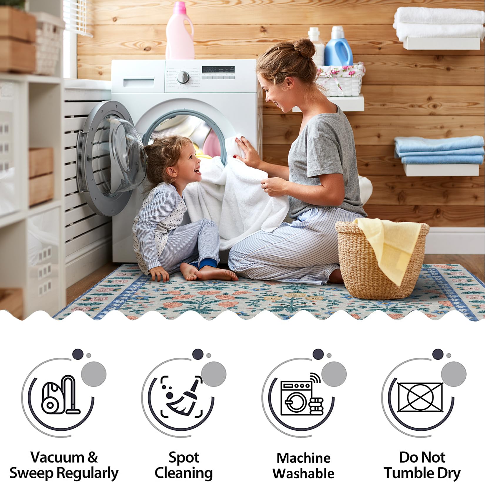 Tappeto Garvee Boho 200x290cm Nero Motivo Floreale Antiscivolo Pelo Corto Fibre Sintetiche Lavabile Soggiorno e Cameretta dei Bambini