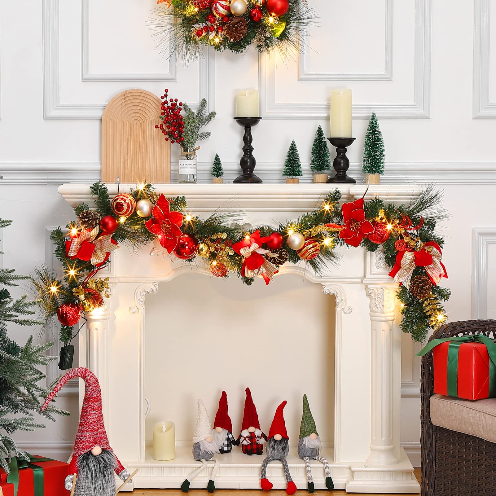 Ghirlanda natalizia Garvee rossa e oro, 1,8 m, con 20 luci, LED, resistente alle intemperie, per interni ed esterni, decorazione festiva