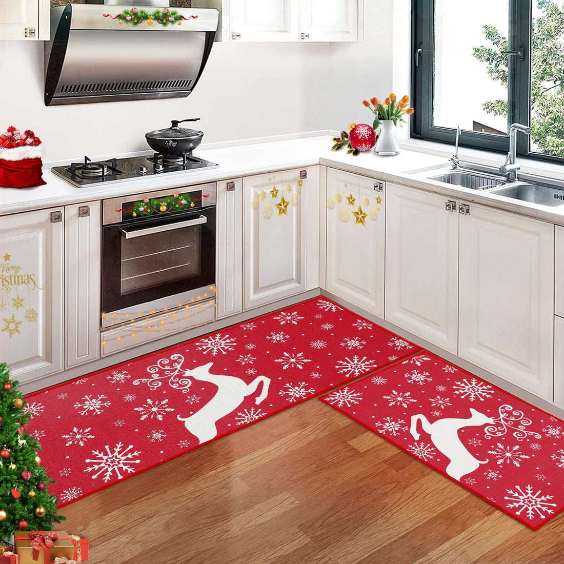 Garvee Set 2 Tappeti Cucina Natalizi Antiscivolo 40x60+40x120 cm Poliestere Resistente Lavabile Decorativi per Cucina Camera Ingresso