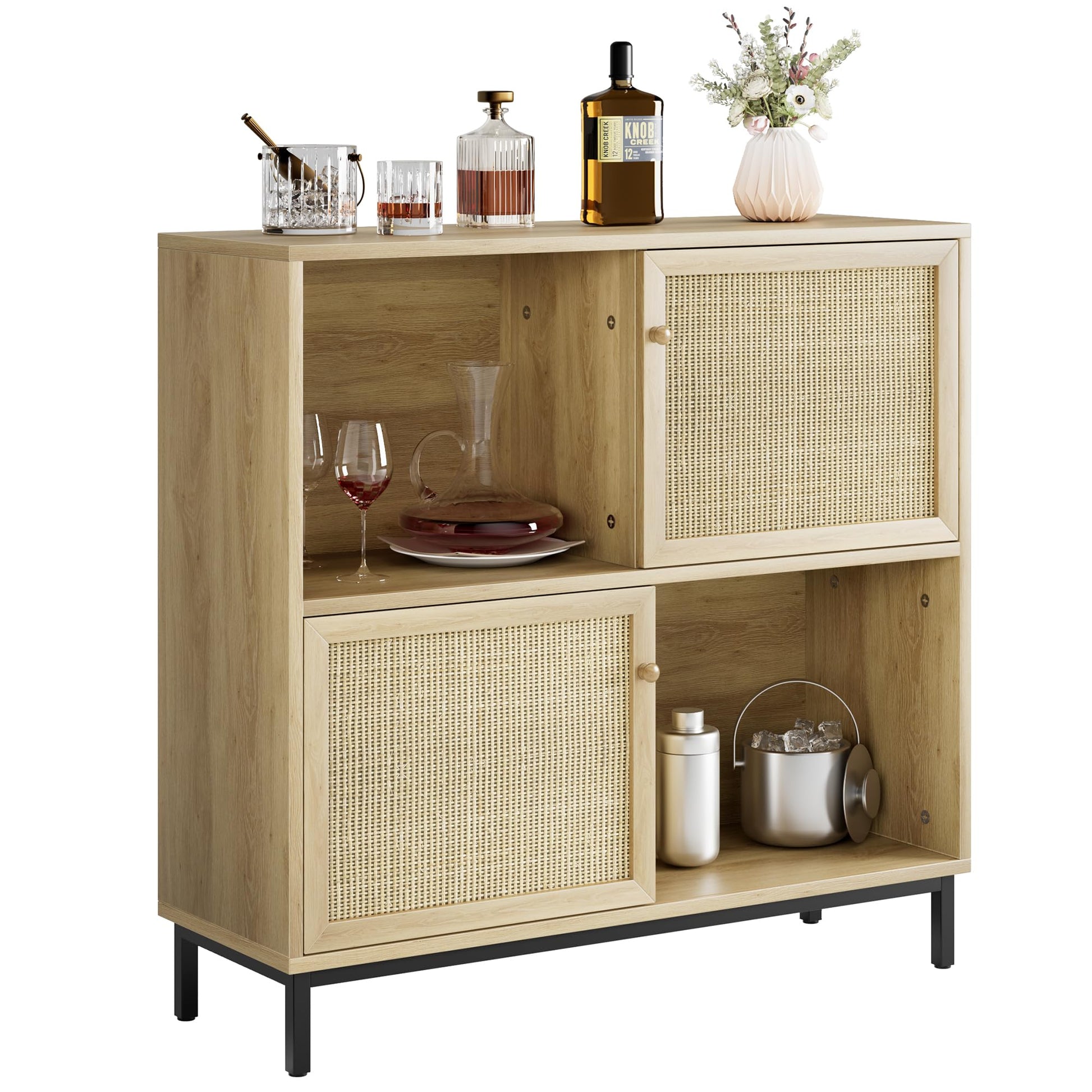 Garvee Buffet Sideboard In Legno Con 2 Porte In Rattan, 2 Ripiani, Piedi Stabili, Multiuso Per Soggiorno E Cucina, Rustico, Naturale