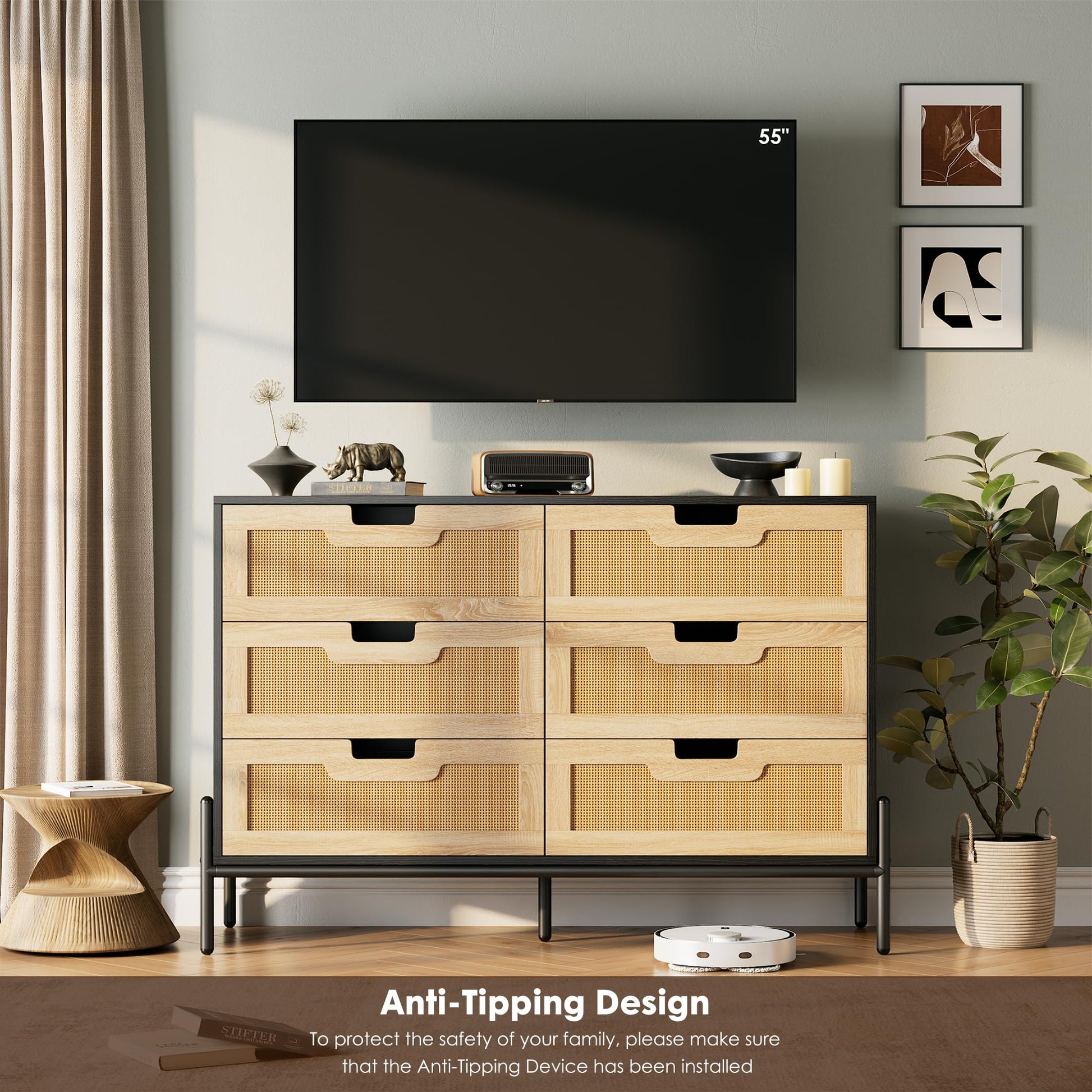 Cassettiera Garvee in rattan naturale con 6 cassetti, gambe in legno e metallo, per camera da letto e soggiorno, impermeabile, resistente, design moderno
