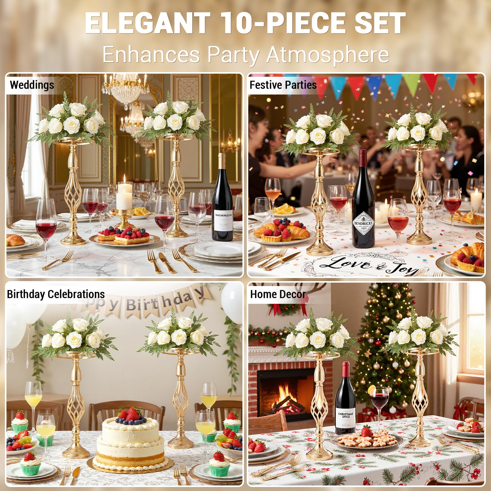 Portafiori in metallo Garvee, set da 10, decorazione per tavolo da matrimonio, eleganti design rotanti, metallo e cristallo, antiruggine, per feste e casa, 52 cm, argento