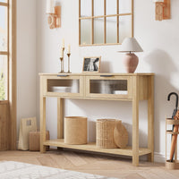 Tavolo consolle in legno Garvee con 2 cassetti in vetro, MDF robusto, stile country per corridoio e soggiorno, 43,3"x11,8"x31,4", Burlywood