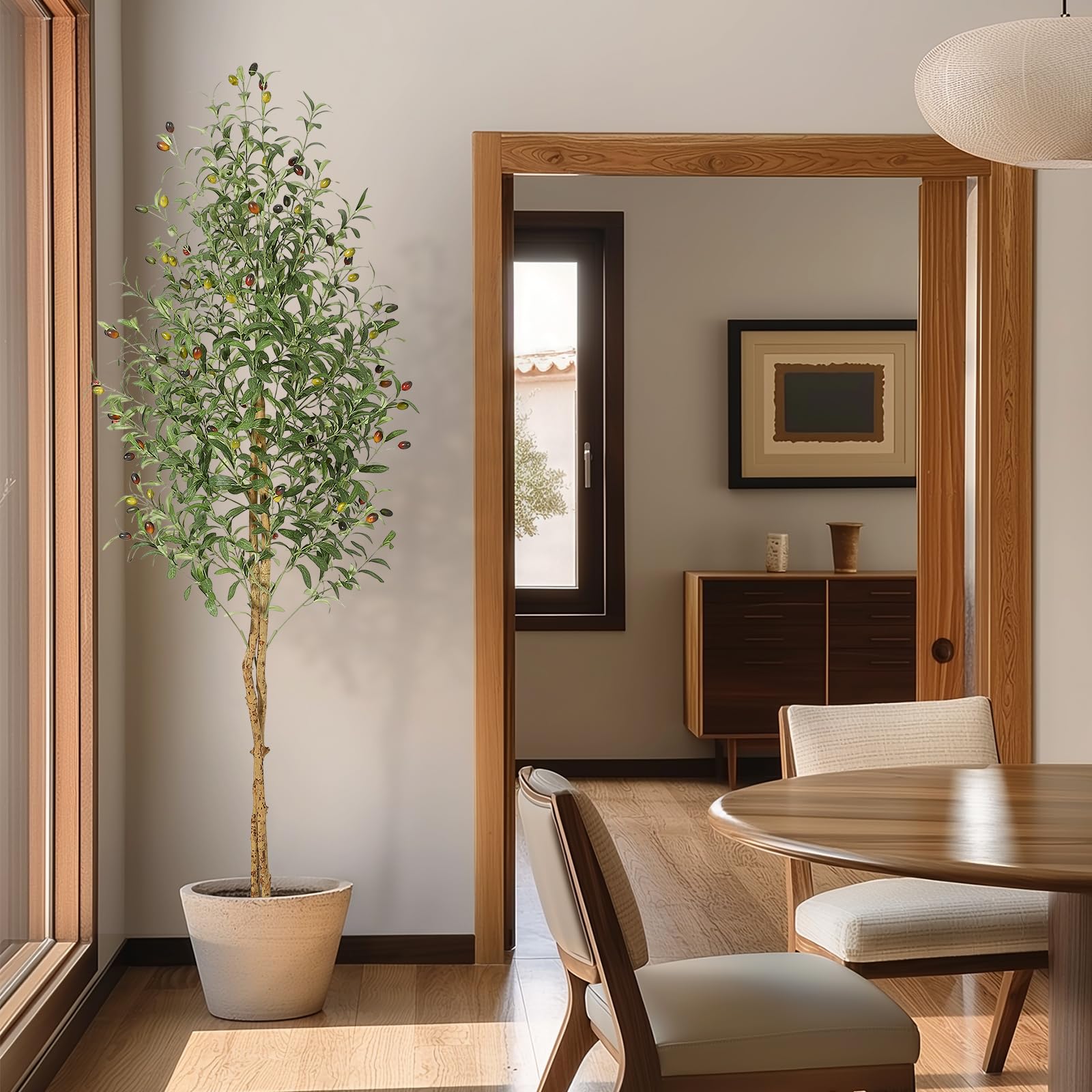 Albero di ulivo artificiale Garvee da 6 piedi con 2 tronchi di legno, vaso in cemento bianco per soggiorno e ufficio, facile da curare