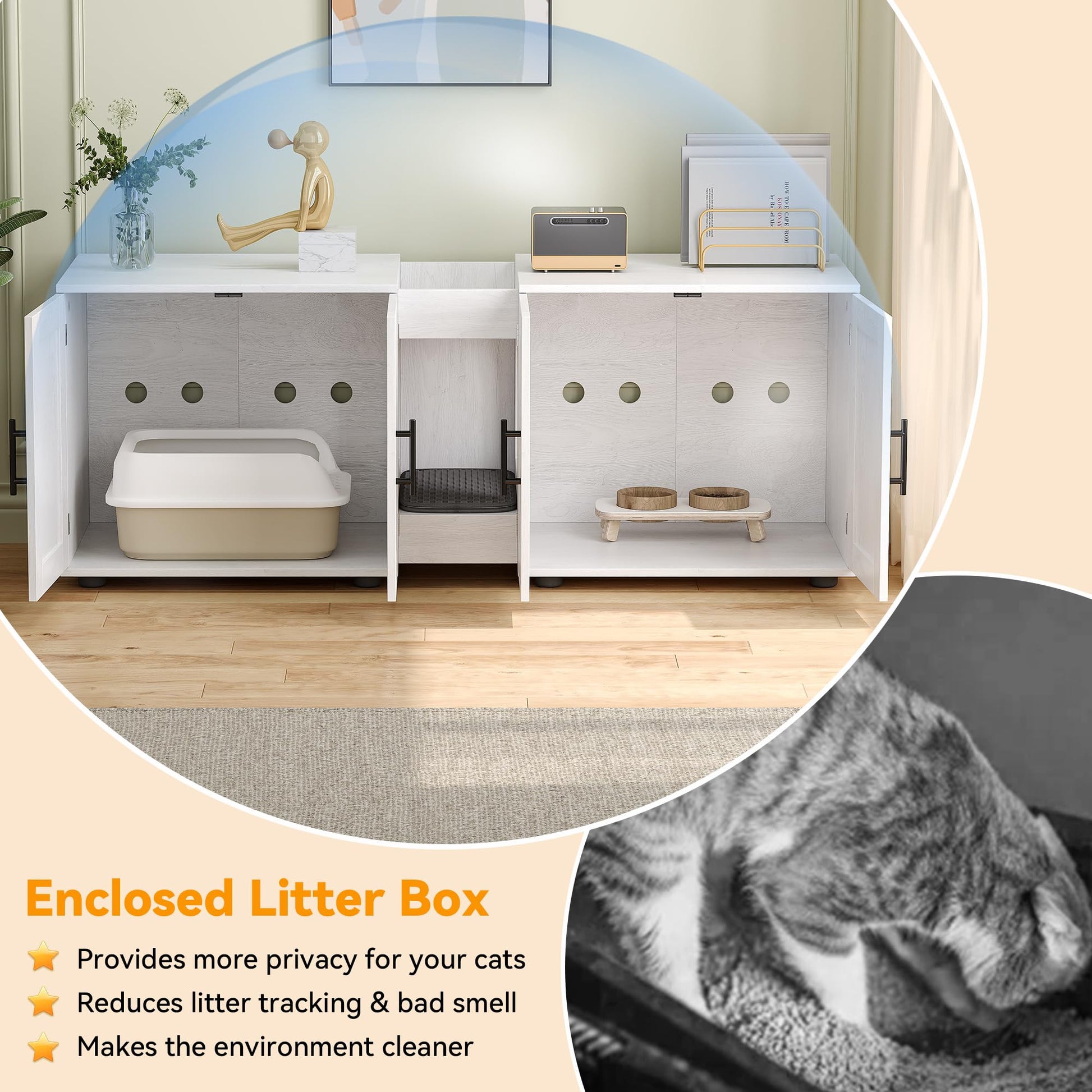 Garvee Litter Box Enclosure, cuccia per gatti a due stanze con mobili integrati per soggiorno, 55"L, bianca