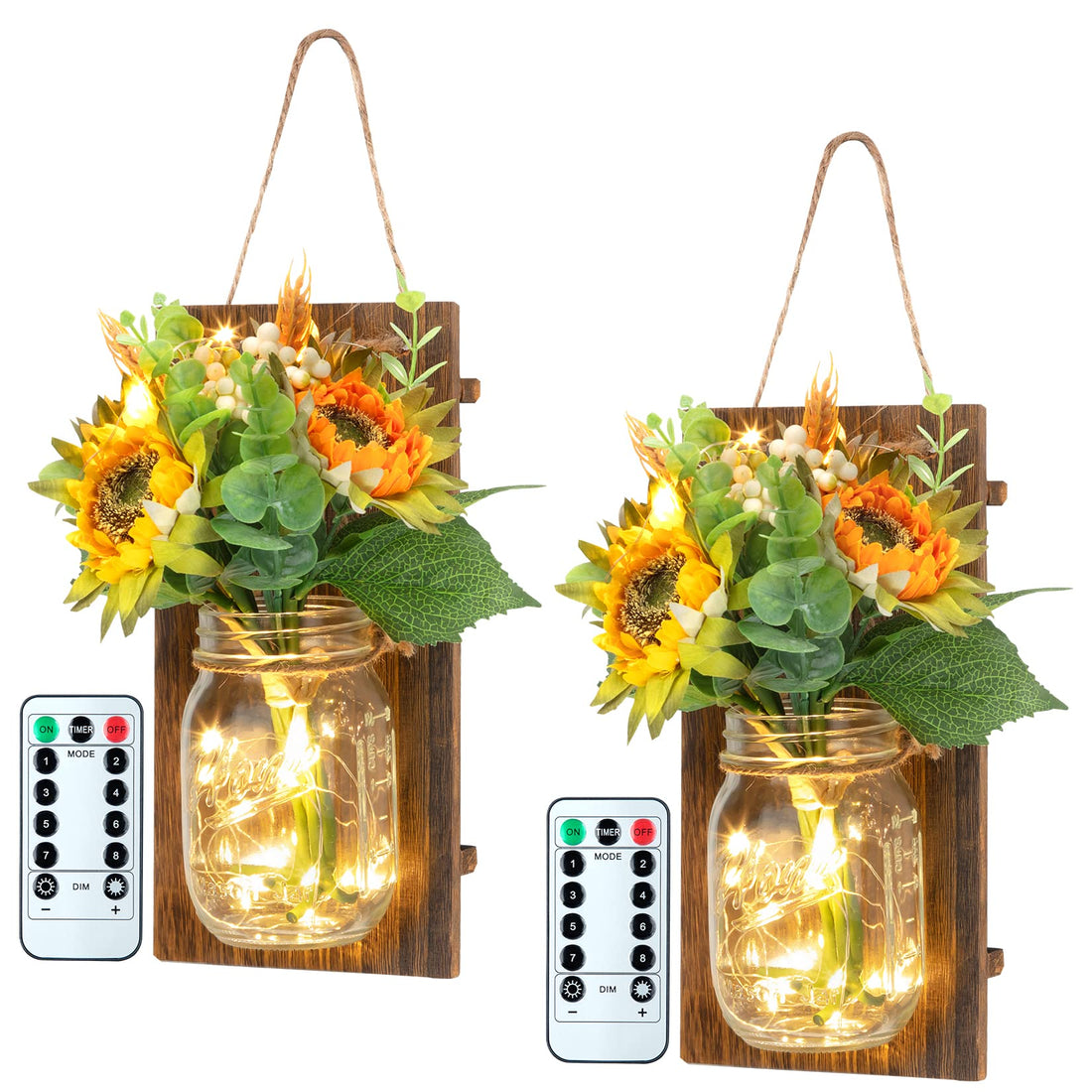 Garvee Set rustico di 2 lampade da parete in barattolo di vetro con 20 LED, girasoli artificiali, tavola di legno, telecomando, timer per soggiorno e cucina