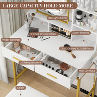 Garvee - Sgabello da parrucchiere moderno con specchio girevole a 360°, porte USB, 2 cassetti, in legno, comodo sgabello per camera da letto e spogliatoio, bianco e nero