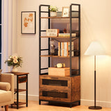 Garvee Libreria Industriale con 4 Ripiani e 2 Cassetti, MDF e Metallo, Design Rustico, 180 cm, per Soggiorno e Ufficio