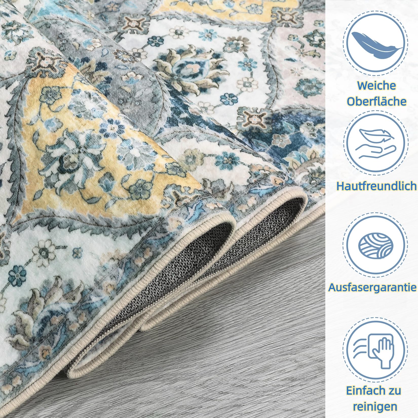 Garvee Tappeto piccolo 80 x 150 cm Tappeto vintage antiscivolo lavabile blu giallo