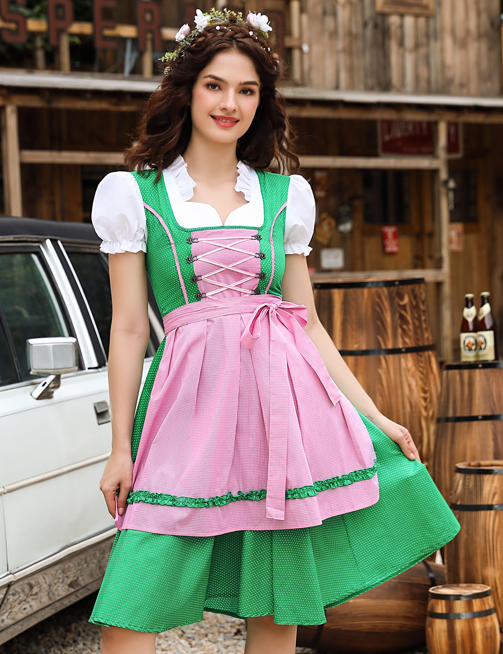 Garvee - Completo da donna in stile Dirndl midi, 2 pezzi, con abito e grembiule Dirndl per l'Oktoberfest, taglie 34-48, confezione riutilizzabile