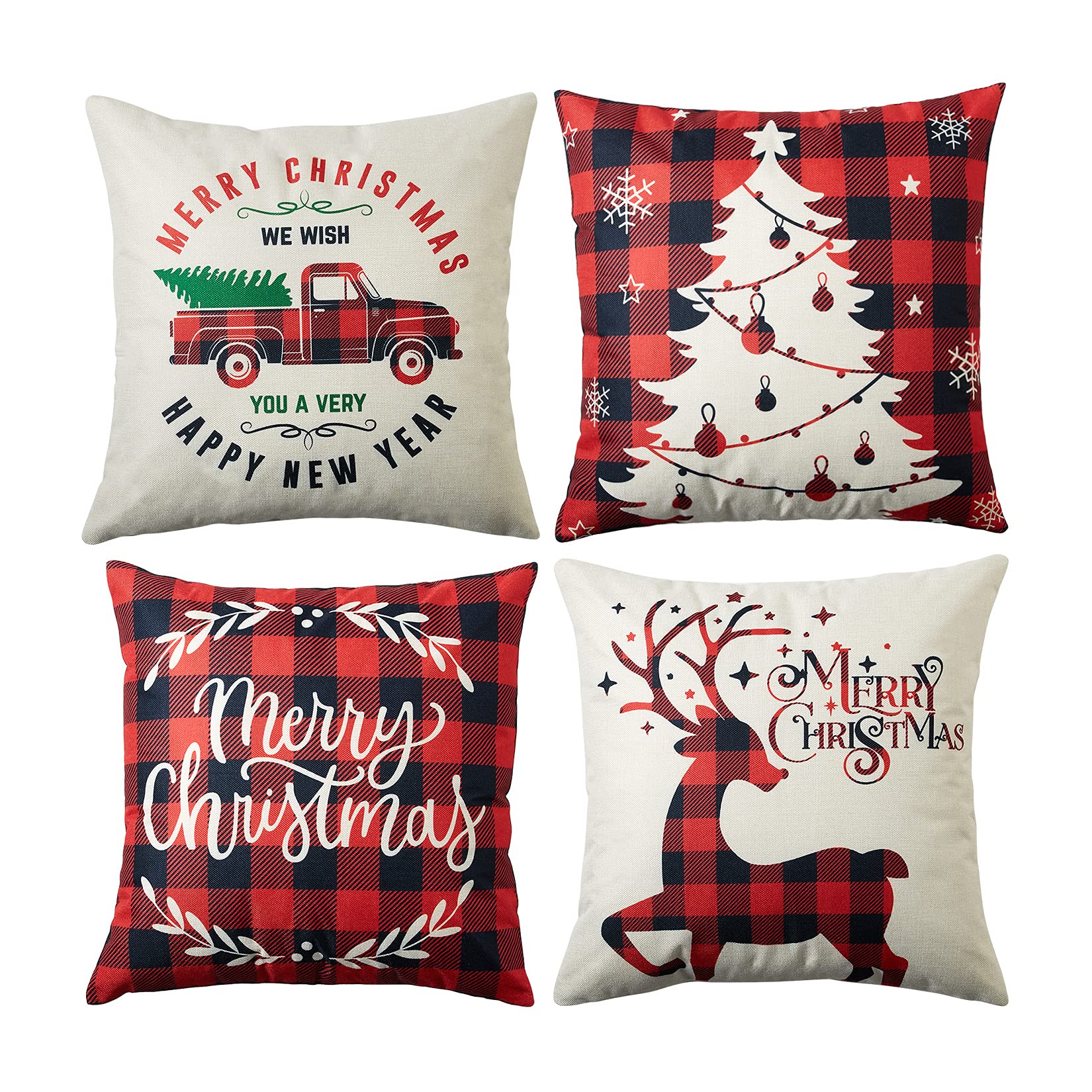 GARVEE Federa per cuscino natalizio rosso con motivo a cervo, 4 pezzi, per decorazione divano, 45 x 45 cm, motivo tartan