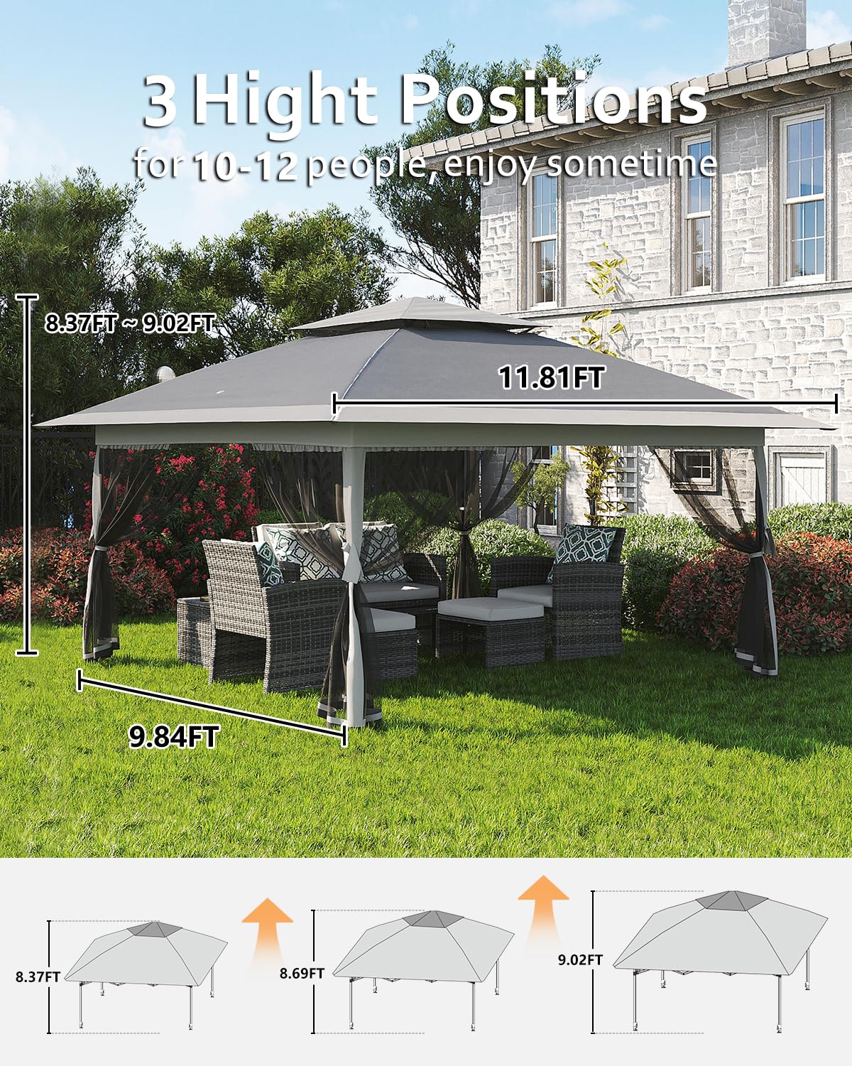 Tenda a baldacchino pop-up Garvee 12x12 con zanzariera, resistente ai raggi UV, altezza regolabile, struttura in acciaio, schermo per la privacy a 6 pannelli per giardino e patio, sacchi di sabbia inclusi