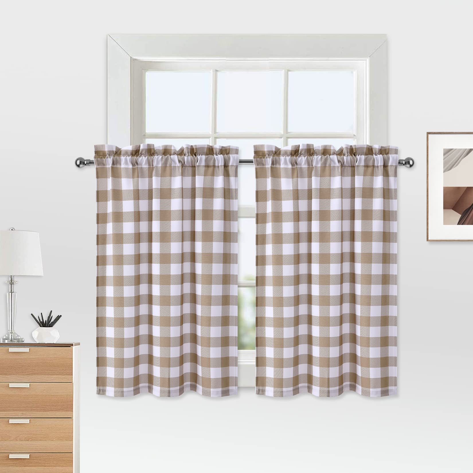 Tende piccole Garvee Buffalo Plaid in poliestere idrorepellente effetto lino per soggiorno, cucina, bagno, 28"x24" tortora