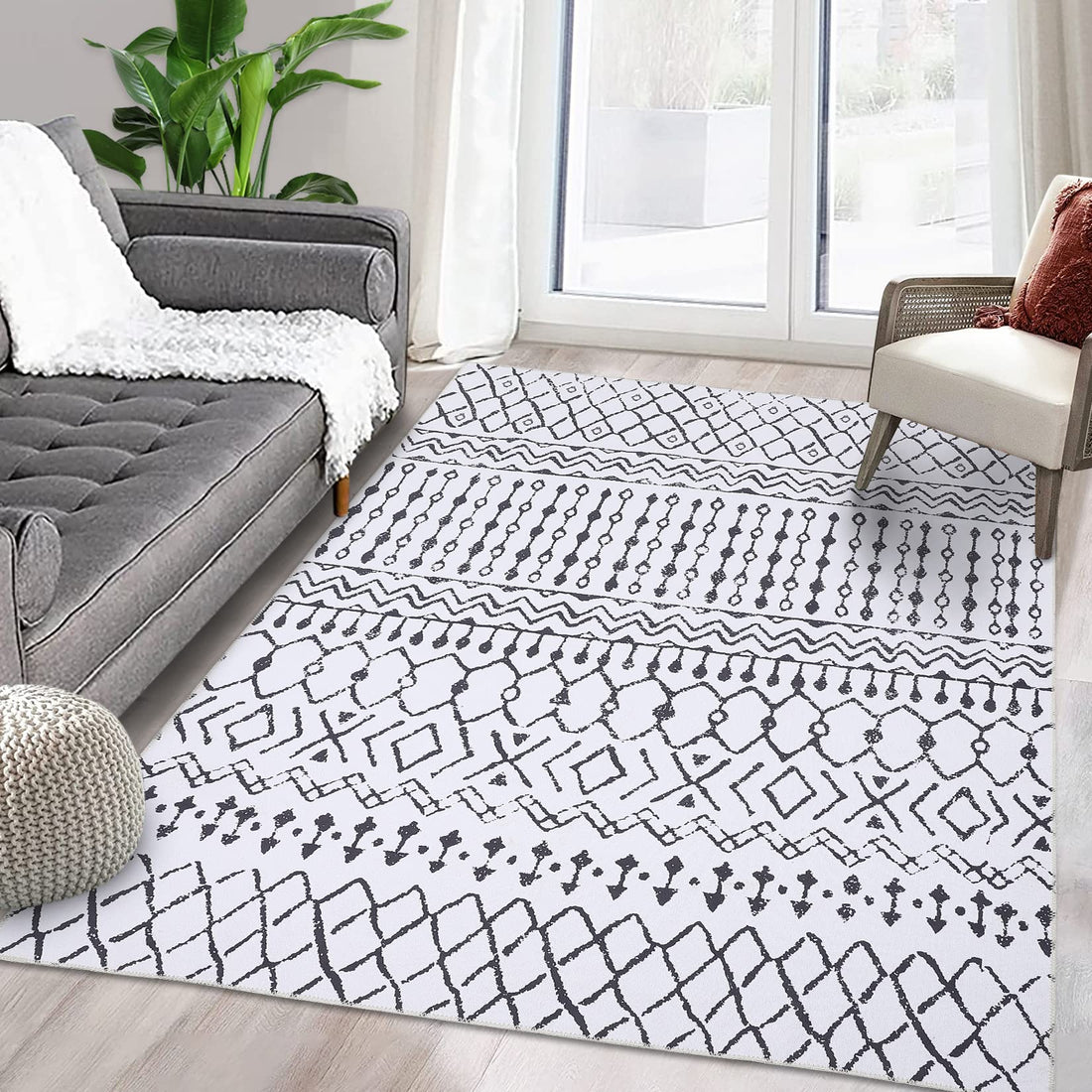 Tappeto Garvee Boho, tappeto moderno neutro per camera da letto, soggiorno, sala giochi, 120x170 cm, beige
