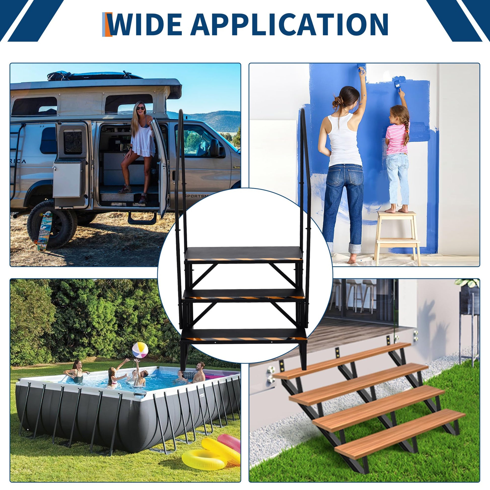 Scala portatile Garvee a 3 gradini con corrimano, acciaio, nastri antiscivolo per roulotte, vasche idromassaggio, uso esterno, nera, compatta