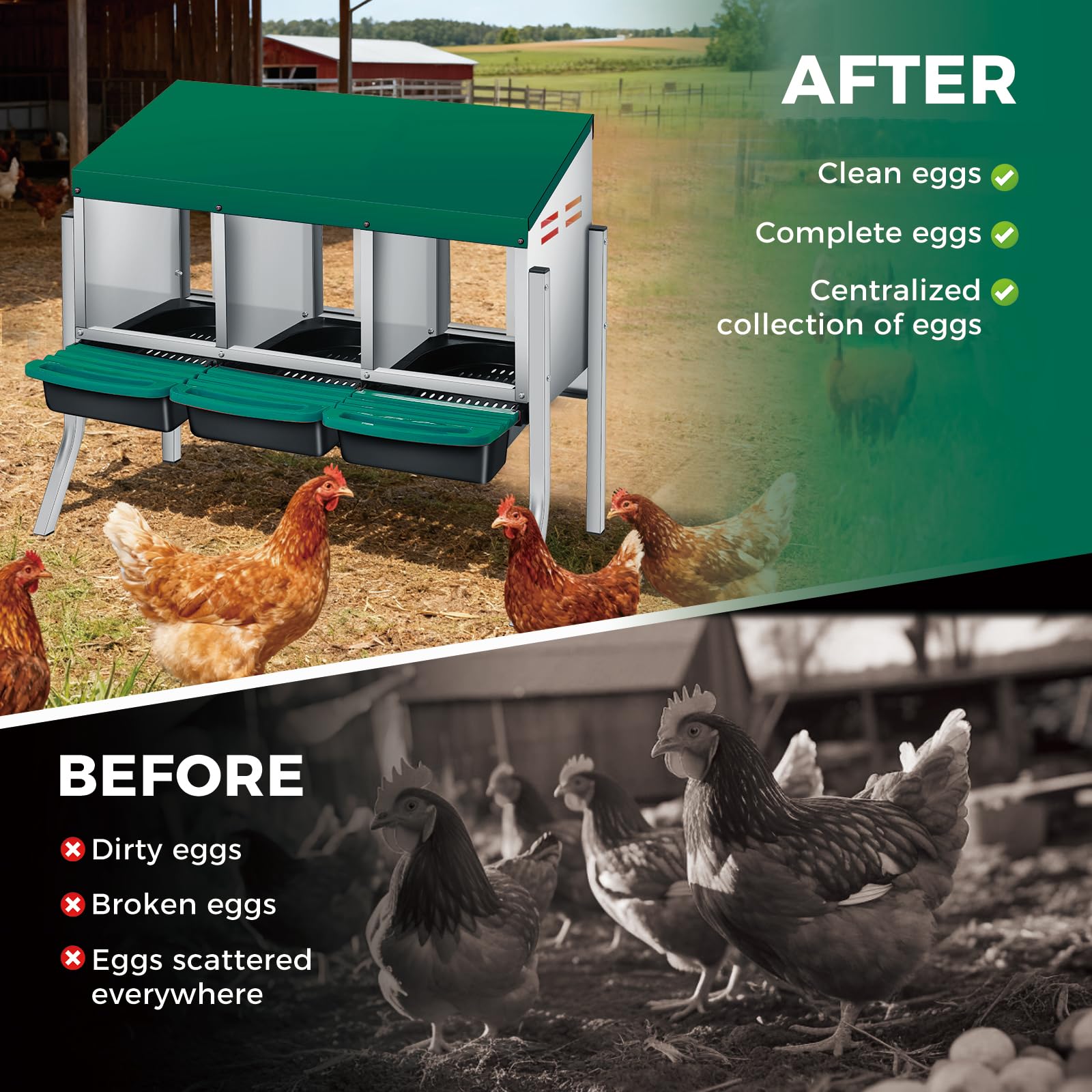 Nido per polli Garvee a 3 fori in metallo antiruggine con vassoio rimovibile per fattoria e giardino