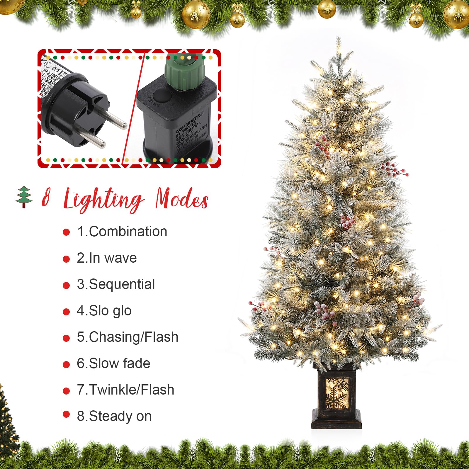 Albero di Natale vintage Garvee da 145 cm con struttura in metallo, 200 LED, 8 modalità, effetto cedro satinato, 4 bacche rosse e scatola luminosa con fiocchi di neve