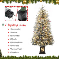 Albero di Natale vintage Garvee da 145 cm con struttura in metallo, 200 LED, 8 modalità, effetto cedro satinato, 4 bacche rosse e scatola luminosa con fiocchi di neve