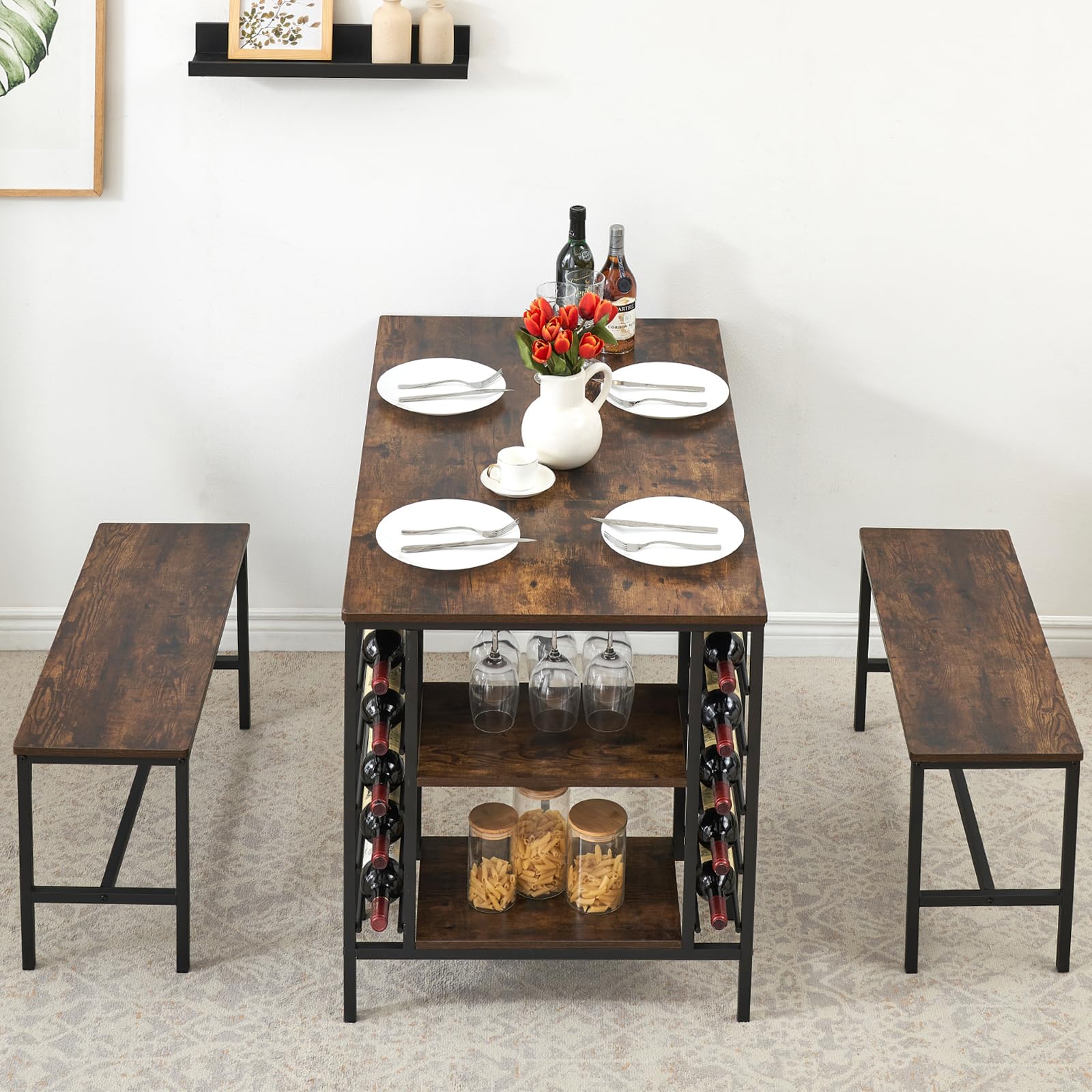 Tavolo da pranzo Garvee per 4 persone con portabottiglie e contenitore, robusto metallo e legno, salvaspazio, rettangolare, ideale per stanze piccole