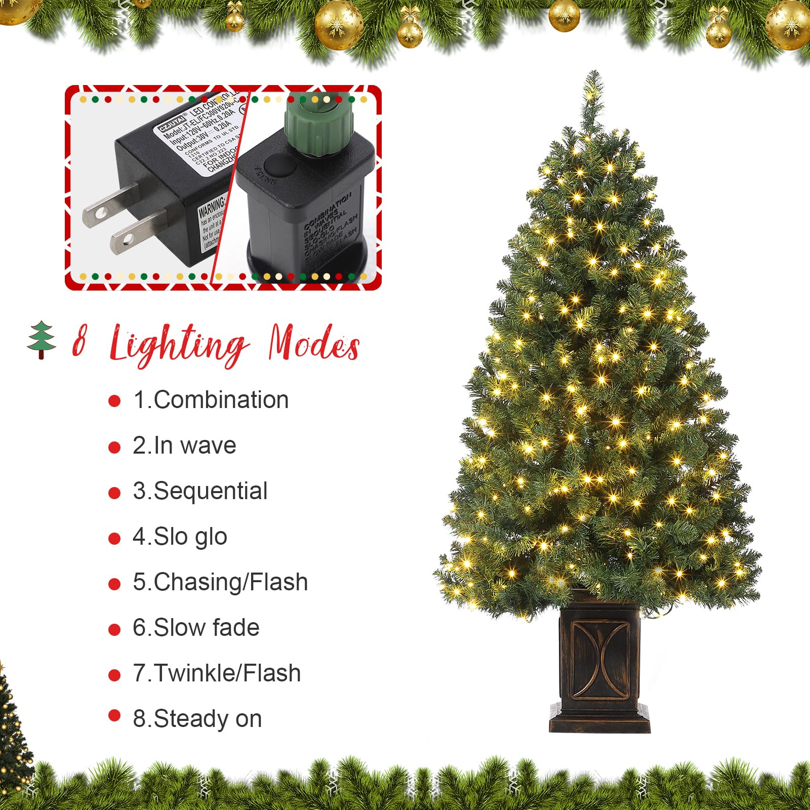 Albero di Natale artificiale Garvee da 4.5 piedi verde con 300 luci LED, 8 modalità di illuminazione, anche in PVC per casa e fisso, base in cemento, denso e realistico
