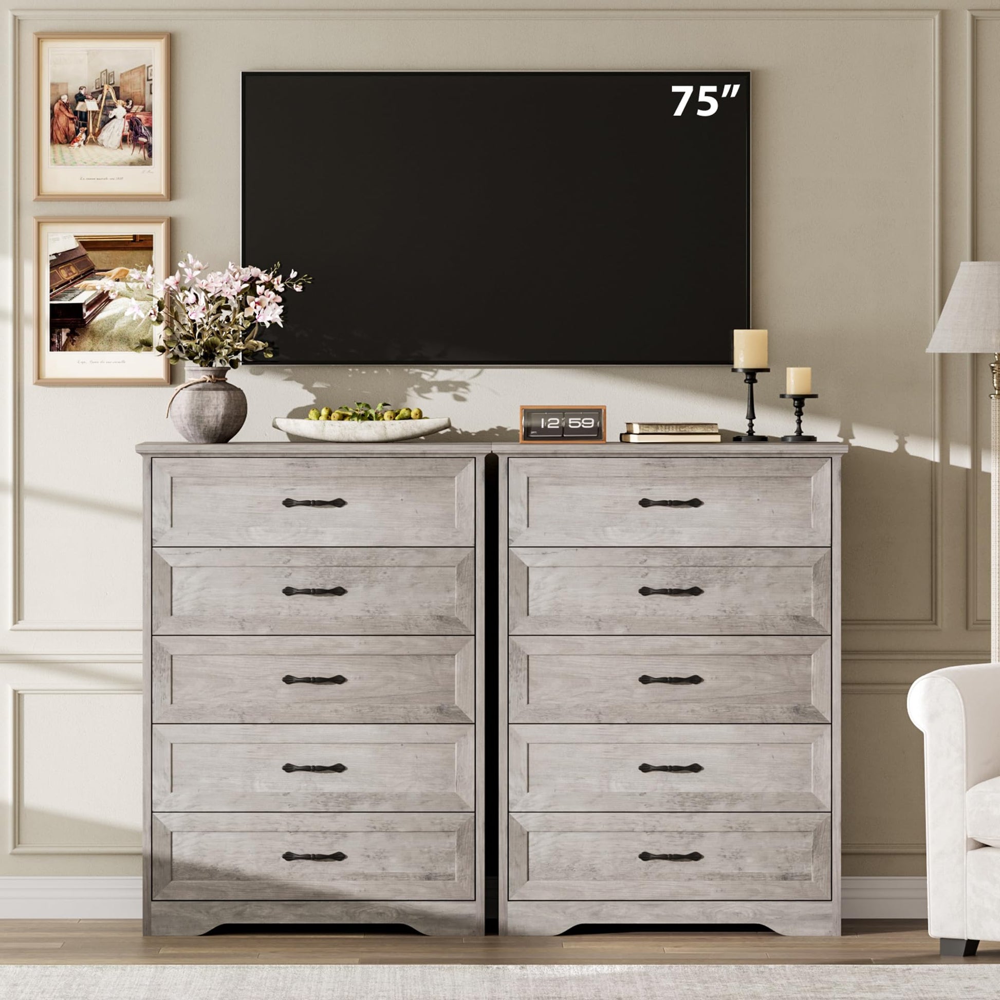 Cassettiera Garvee a 5 cassetti per camera da letto con ampio spazio di archiviazione e protezione antiribaltamento, legno MDF, grigio, soggiorno e cameretta dei bambini